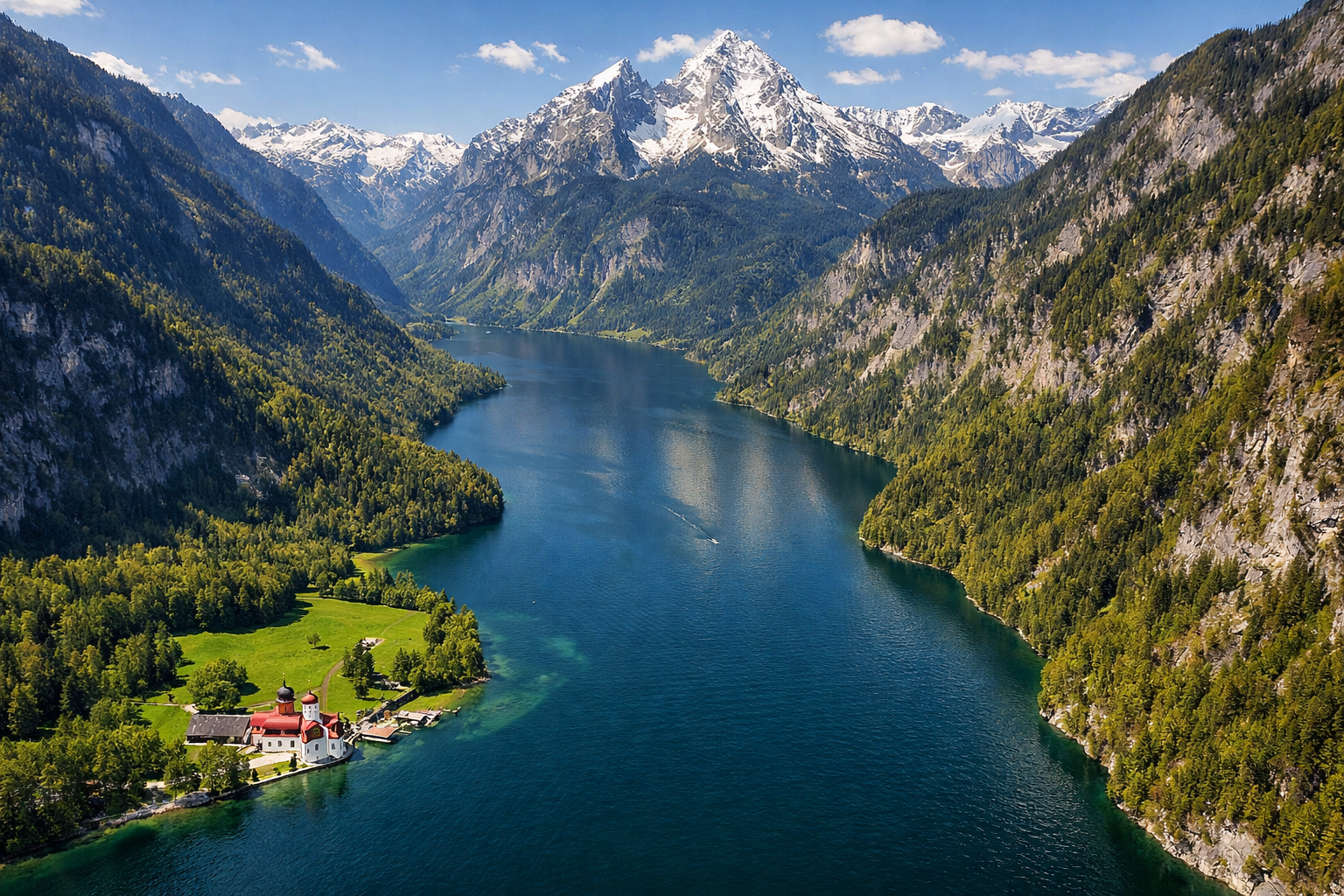 Aerial () image showing the Königssee from above with a bird's-eye perspective revealing the full S-shaped lake contour