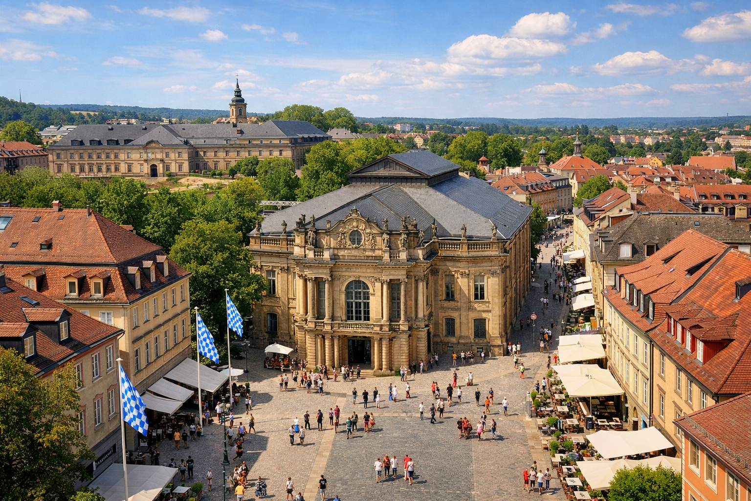 Neues Schloss Bayreuth 2 Aerial or wide-angle view of the Markgräflicher Opernhaus and surrounding Bayreuth city center with the Neues Schloss