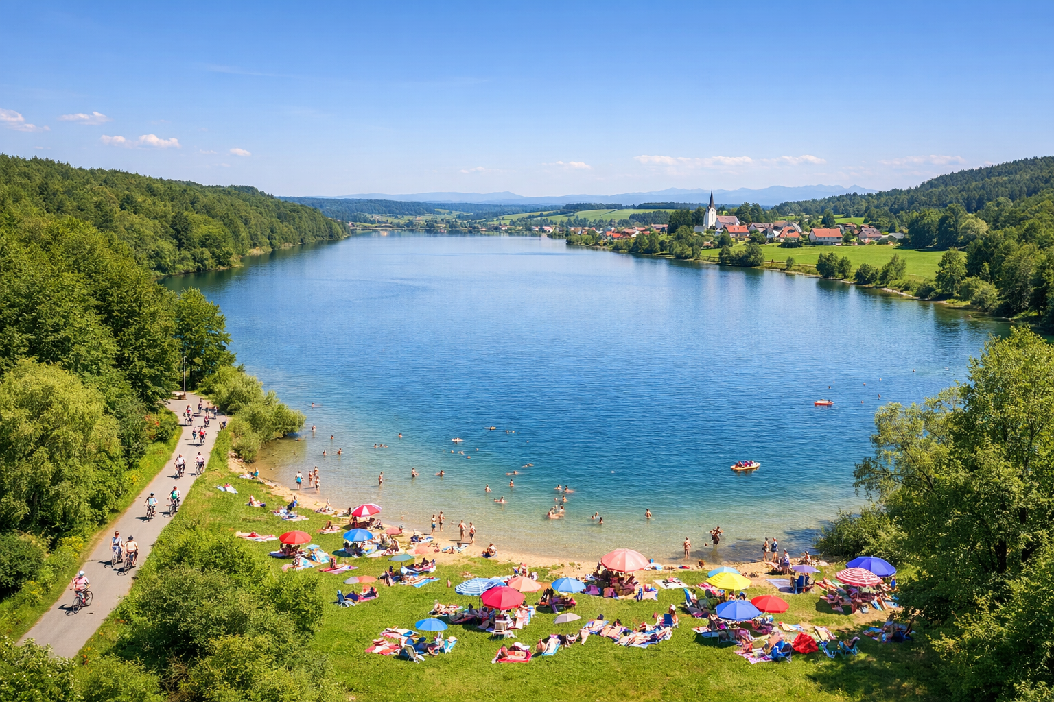 Aerial panoramic view of the Pilsensee lake in Seefeld, Fünfseenland Bavaria, showing the full lake surrounded by dense
