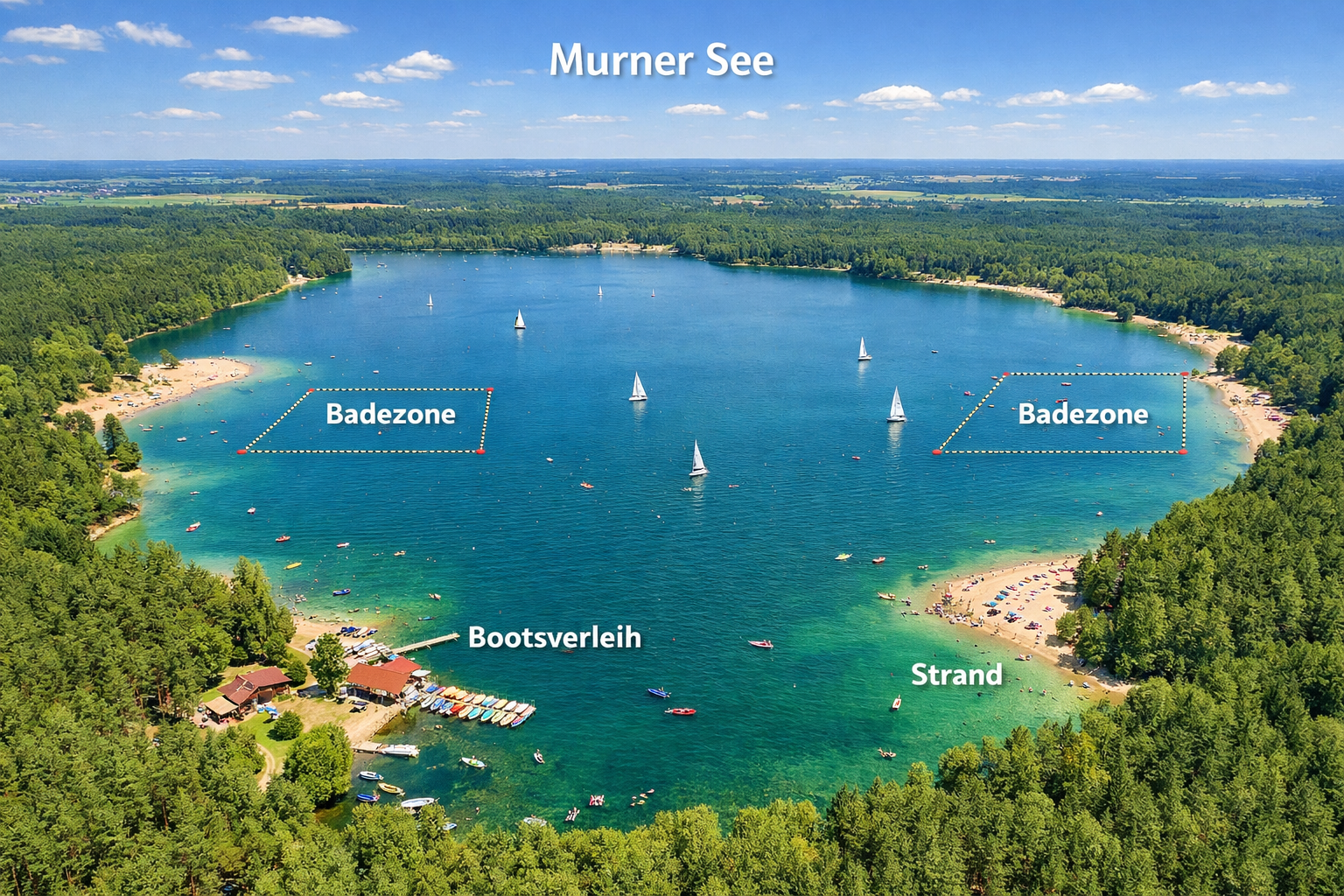 Aerial perspective () image of Murner See from above showing the full lake outline surrounded by dense Bavarian pine forest