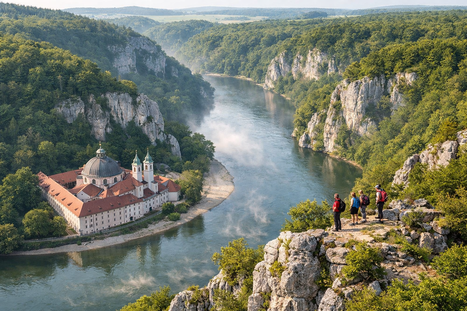 Aerial perspective () image showing the complete Donaudurchbruch gorge from above – the winding Danube cutting through