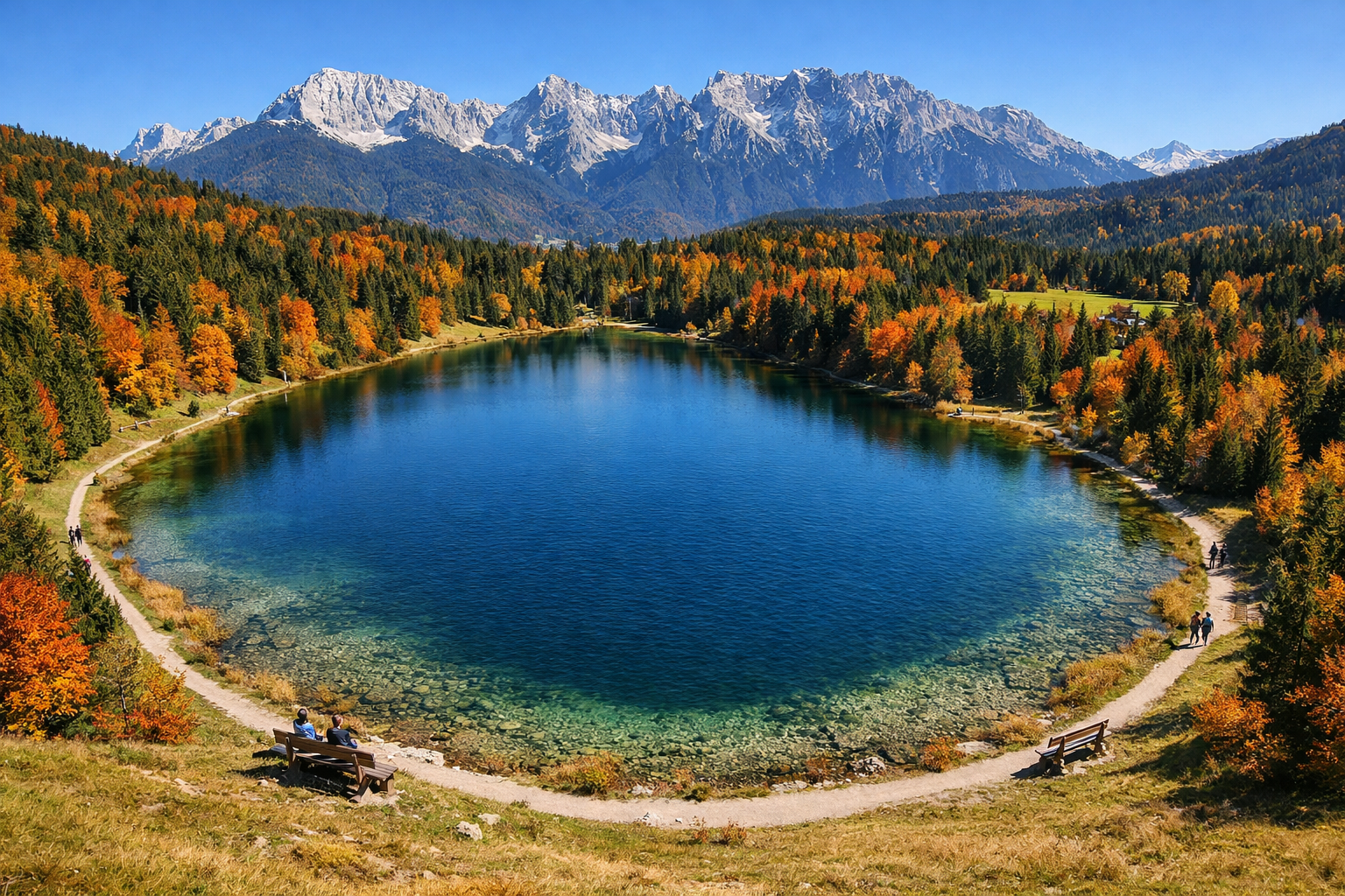 Aerial perspective of the Geroldsee in Krün, Werdenfelser Land, showing the full oval lake surrounded by dense Bavarian