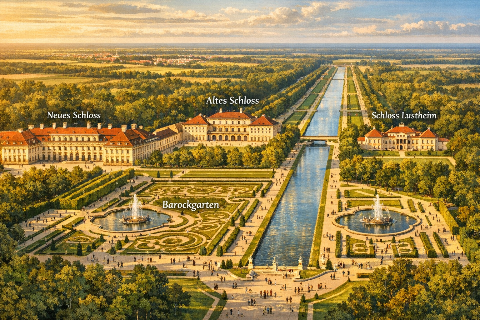 Detailed () aerial-perspective illustration of the complete Schlossanlage Schleißheim complex showing all three palaces –
