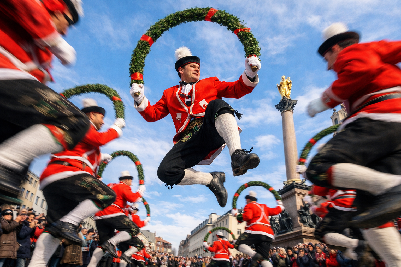 Detailed () dynamic action shot of Schäfflertanz performers mid-dance at Marienplatz München 2026, low-angle perspective