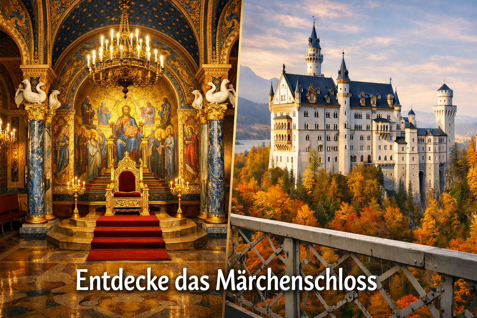 Detailed () editorial illustration showing a split-scene composition: left side features the ornate Thronsaal throne room