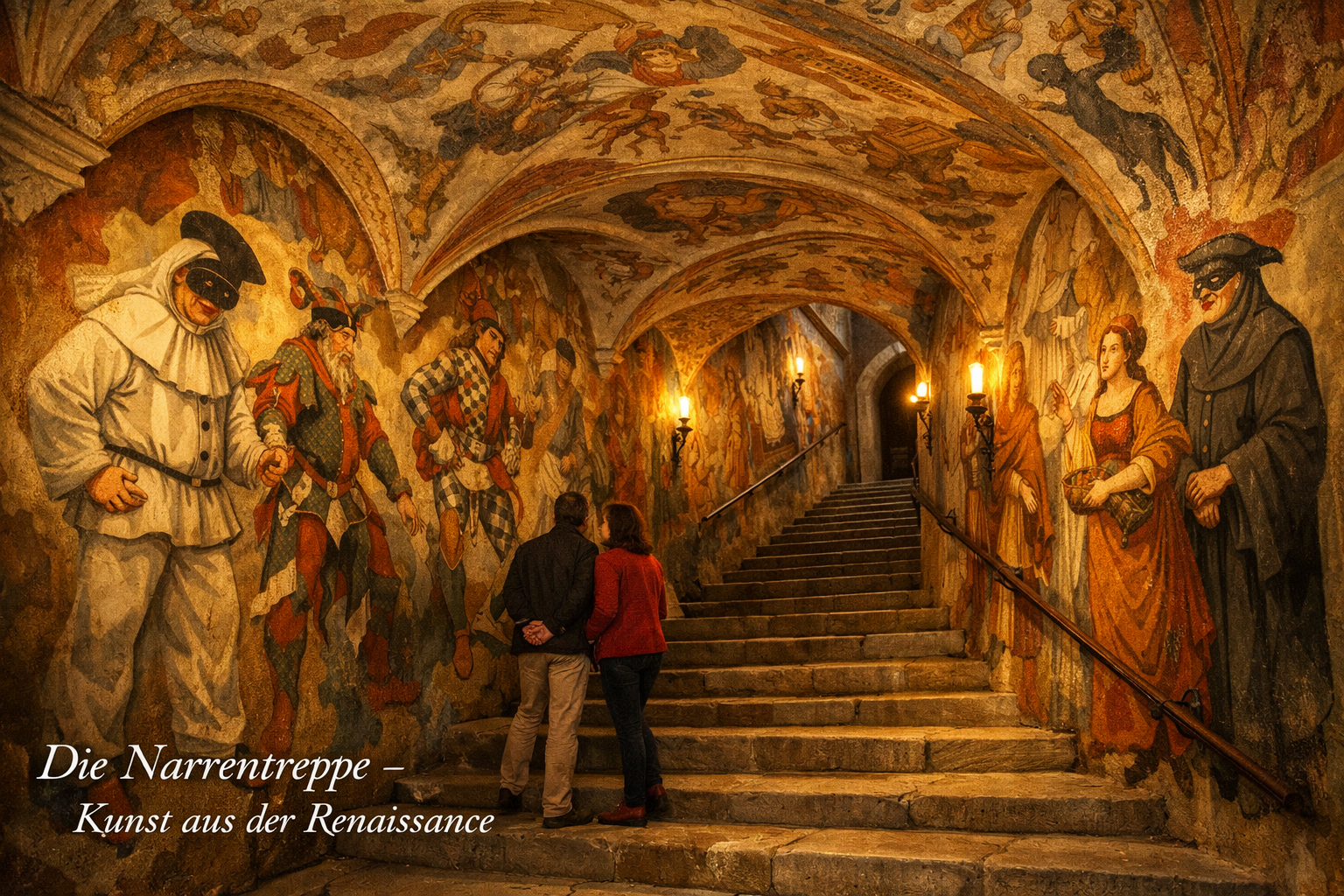 Detailed () editorial image showing a wide-angle interior view of Burg Trausnitz's famous Narrentreppe (Fool's Staircase)