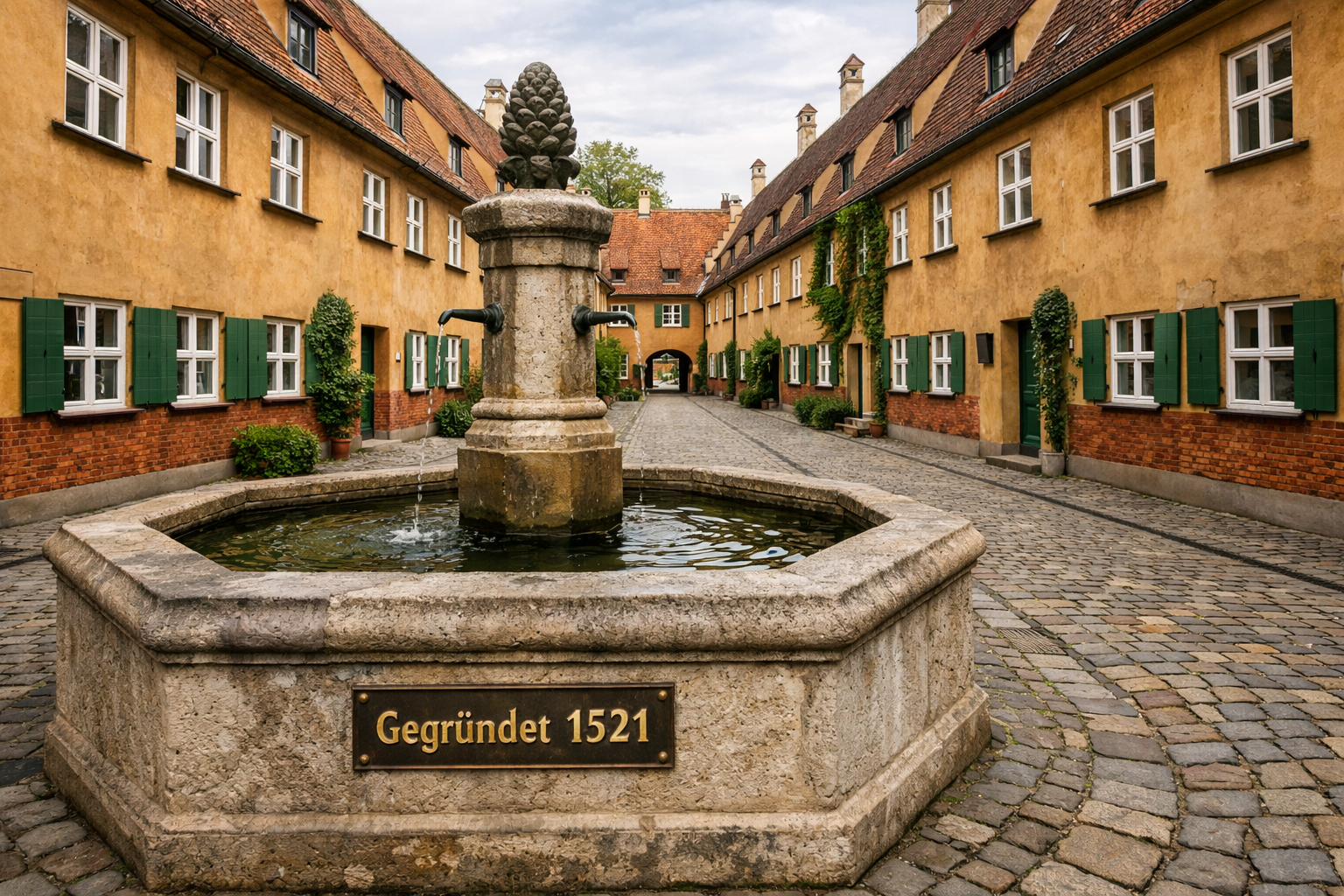 Detailed () editorial image showing the interior courtyard of the Fuggerei Augsburg – a wide-angle view of the iconic row of