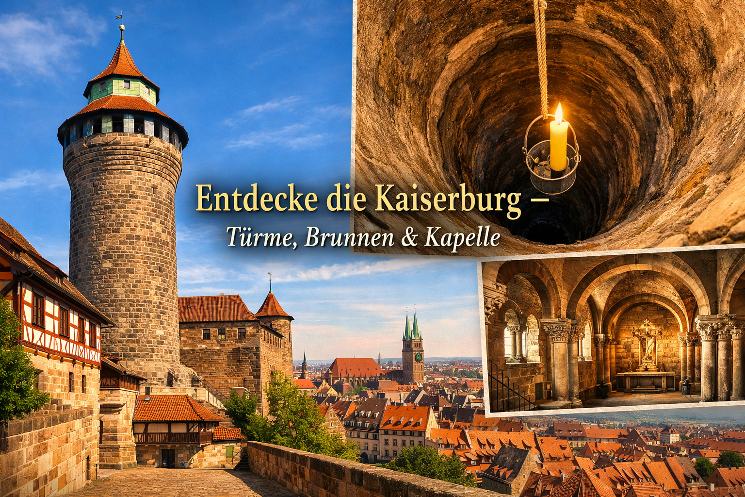 Kaiserburg Nürnberg 1 Detailed () editorial travel photo collage showing multiple interior and exterior highlights of Kaiserburg Nürnberg: the