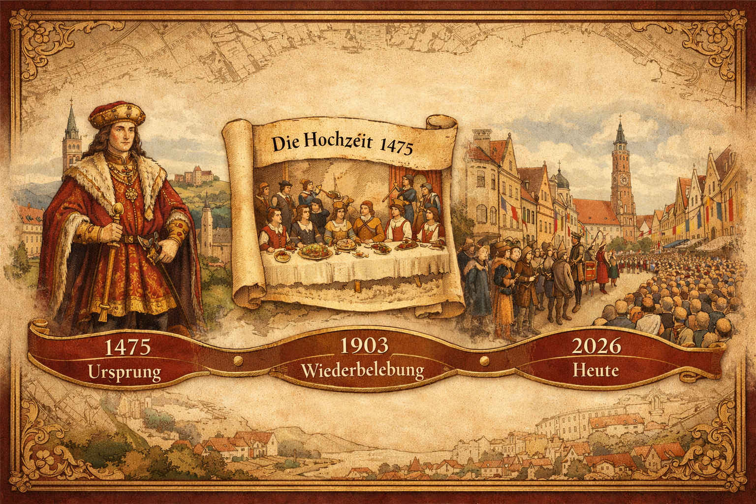 Detailed () illustration showing a historical timeline infographic of the Landshuter Hochzeit from its origins in 1475 to