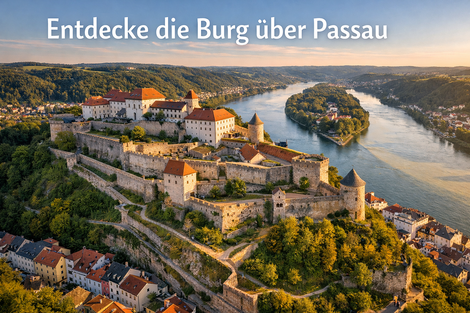 Detailed () image showing a panoramic aerial view of Veste Oberhaus fortress complex from above, revealing the full extent