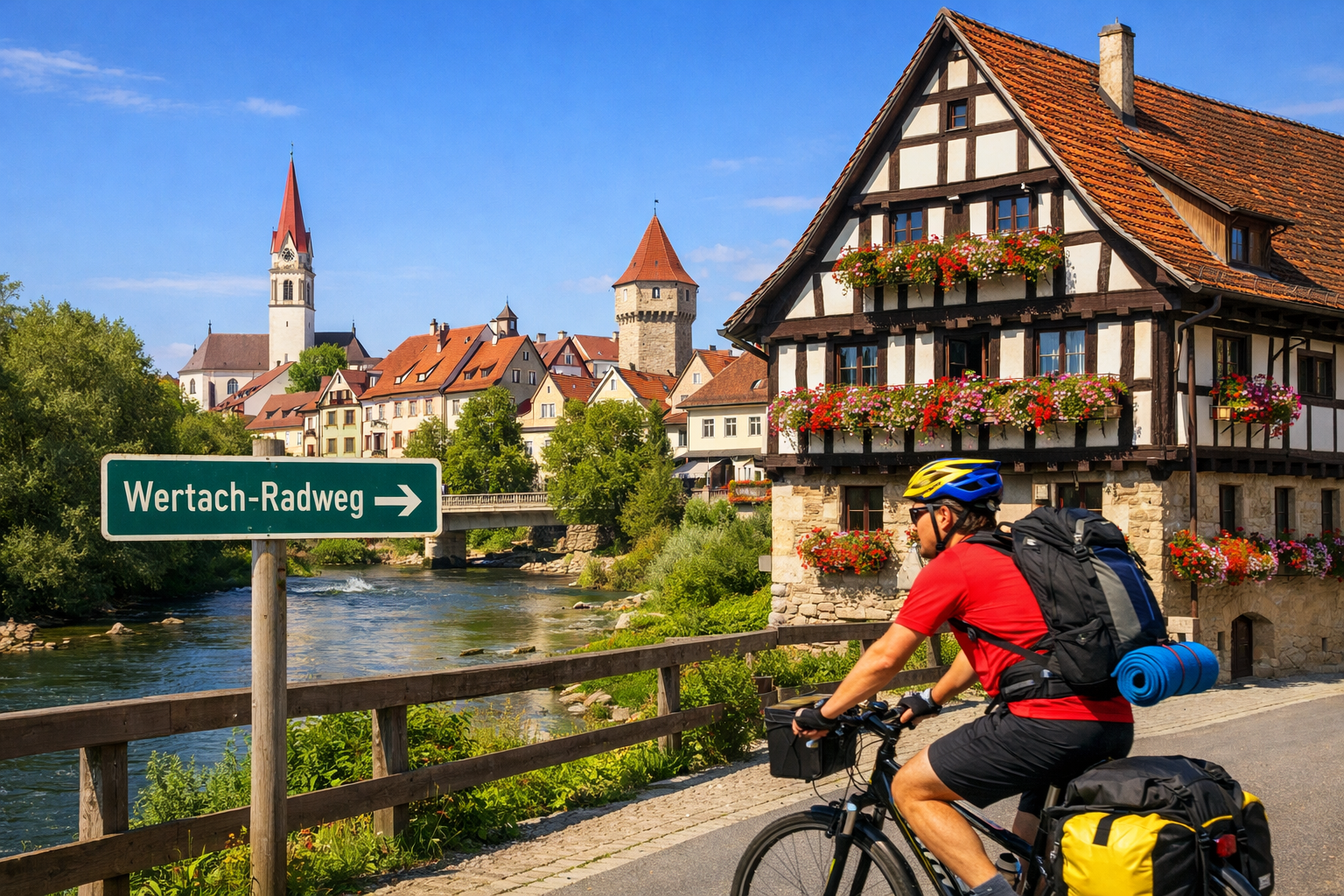 Wertach-Radweg 1 Detailed () image showing a panoramic view of the Wertach-Radweg cycling trail passing through the historic old town of