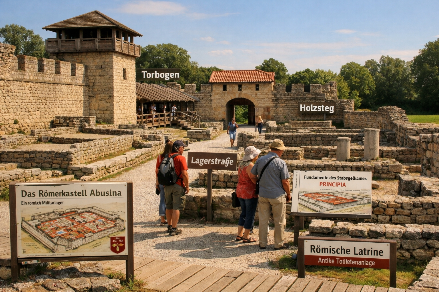 Detailed () image showing the interior courtyard of Römerkastell Abusina Eining with reconstructed Roman stone walls, wooden