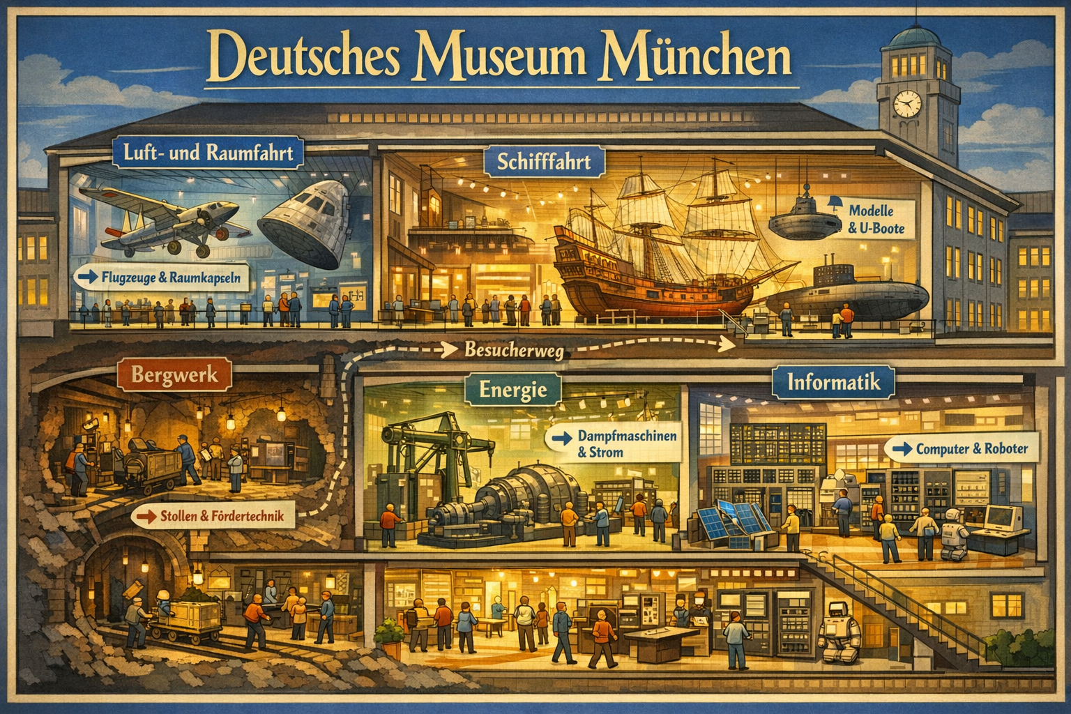 Detailed () infographic-style illustration showing a cross-section overview of the Deutsches Museum München with labeled