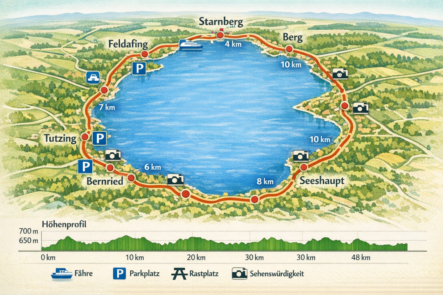 Starnberger-See-Rundweg 1 Detailed () infographic-style illustration showing the complete Starnberger-See-Rundweg cycling route as a circular map