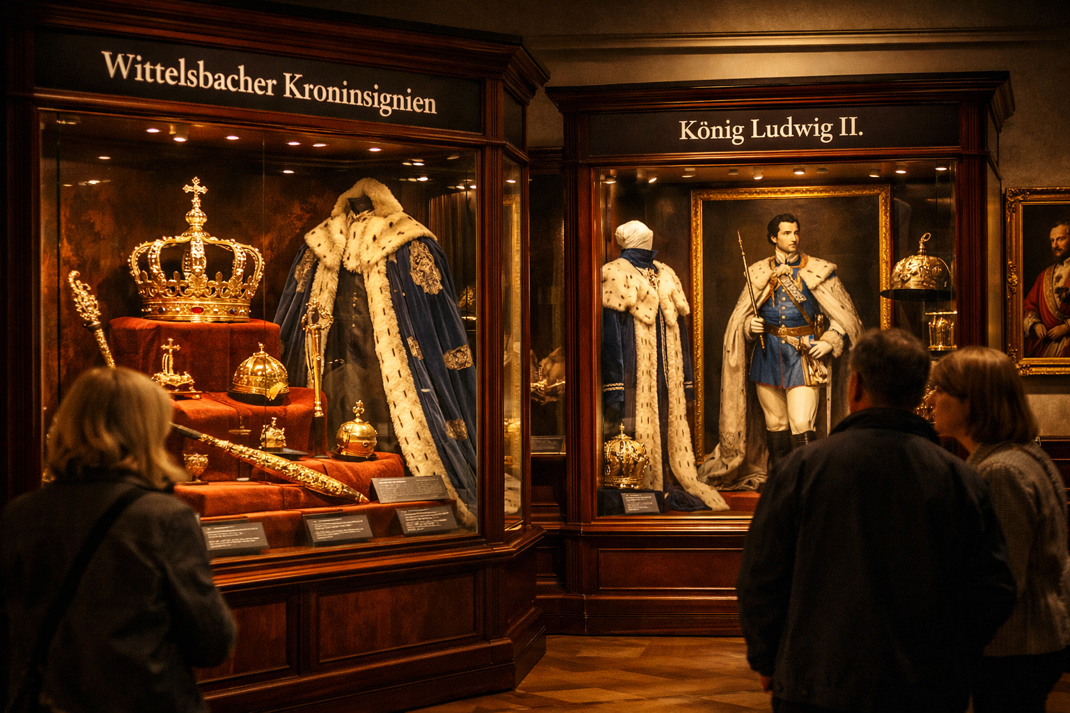 Detailed () interior museum exhibit scene inside the Museum der bayerischen Könige Schwangau. Richly lit display cases