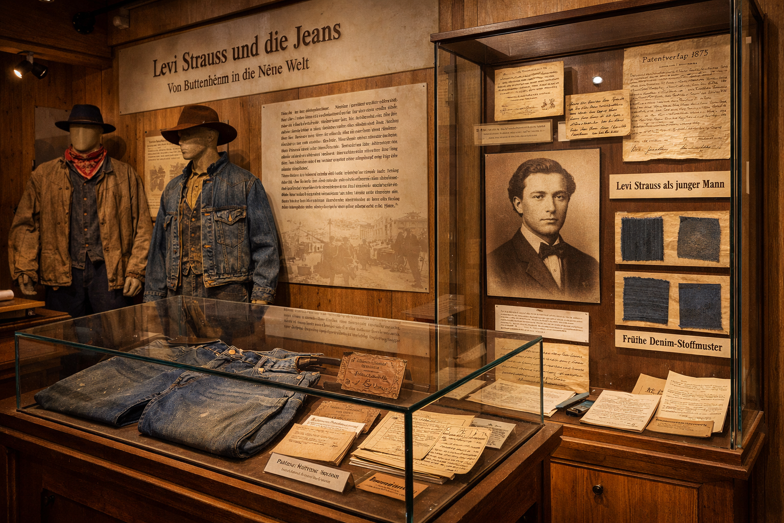 Detailed () interior museum scene showing vintage denim jeans and Levi Strauss artifacts displayed in glass cases inside the