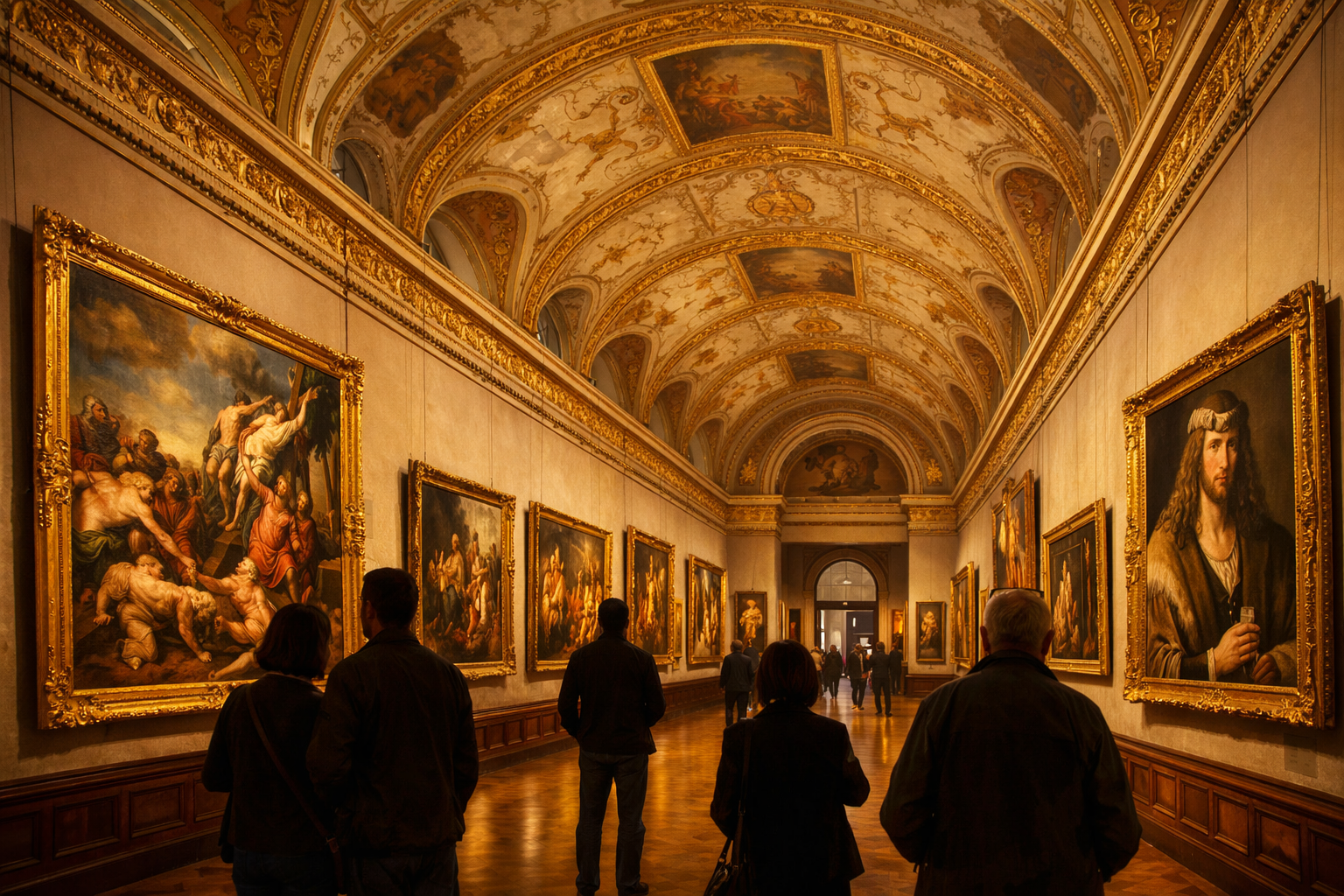 Alte Pinakothek (München) 1 Detailed () interior panorama of the Alte Pinakothek München grand gallery hall, ornate barrel-vaulted ceiling with gilded