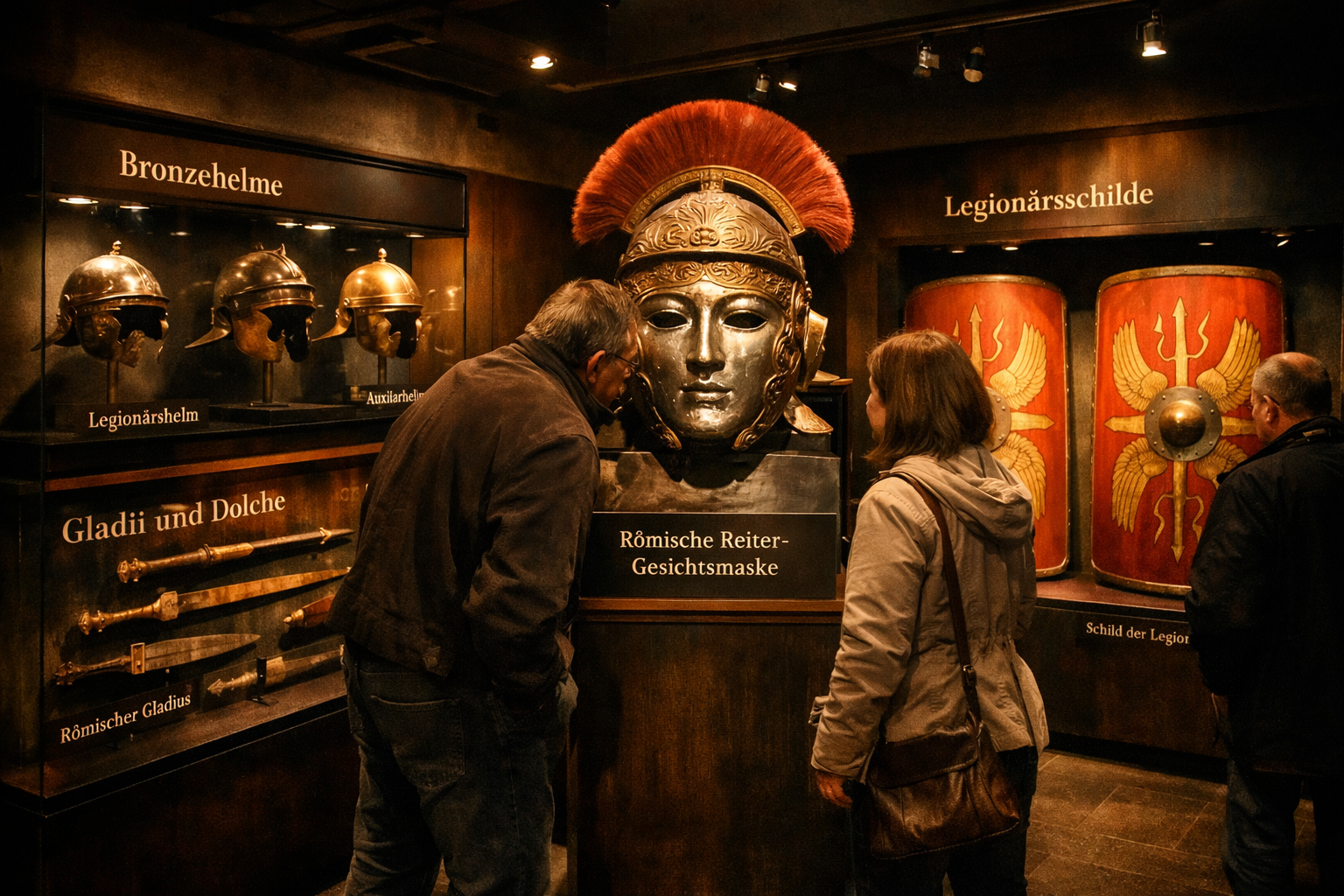 Detailed () interior panorama of the RömerMuseum Weißenburg in Bayern, showcasing dramatic display cases with authentic