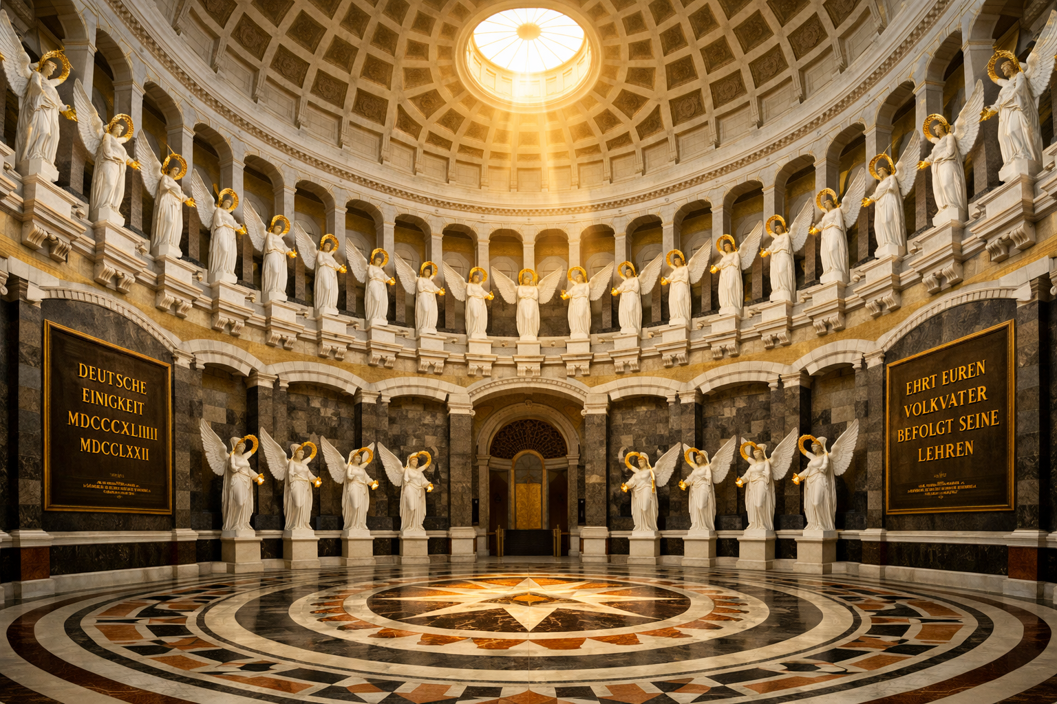 Detailed () interior panoramic view of the Befreiungshalle Kelheim rotunda hall. Soaring circular interior with 34 winged