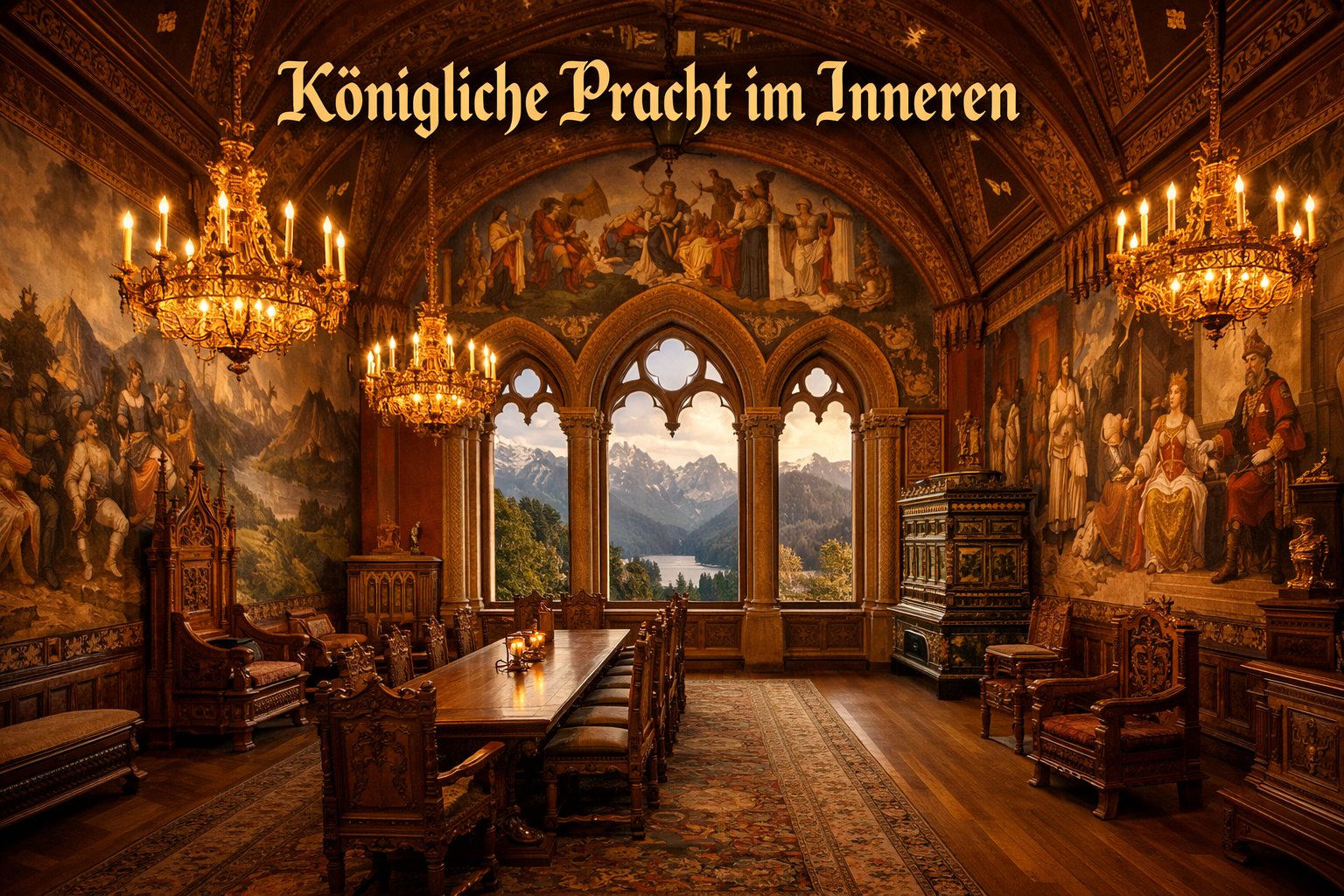 Schloss Hohenschwangau 1 Detailed () interior scene of Schloss Hohenschwangau showing the ornate neo-Gothic great hall with richly painted wall