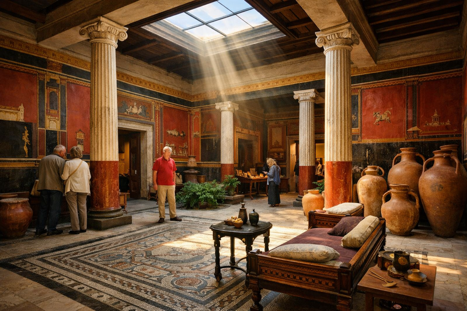 Detailed () interior scene of the Pompejanum Aschaffenburg atrium – ancient Roman-style courtyard with marble columns,