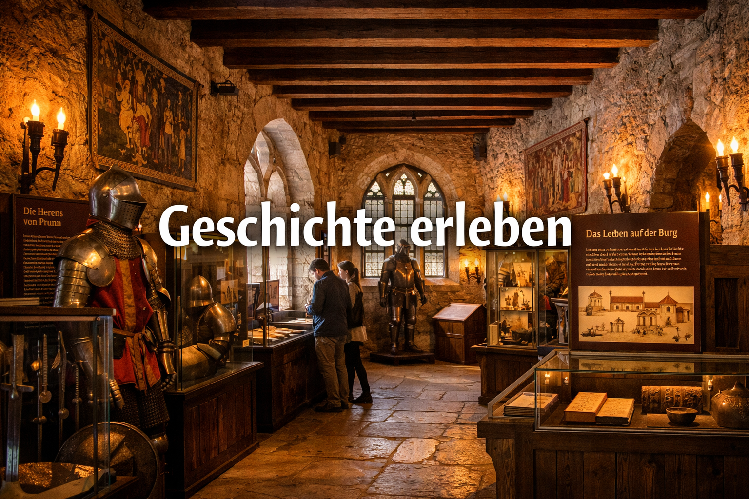 Detailed () interior shot of Burg Prunn's medieval great hall showing original stone walls, Gothic arched windows with soft