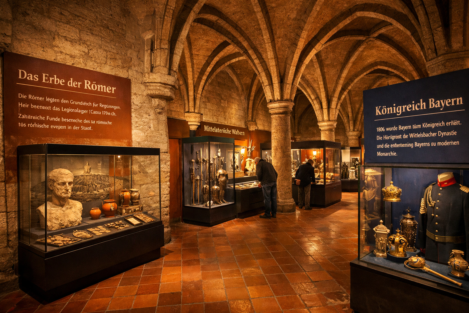 Detailed () interior shot of the Historisches Museum Regensburg, showing a dramatic vaulted Gothic hall with stone columns,