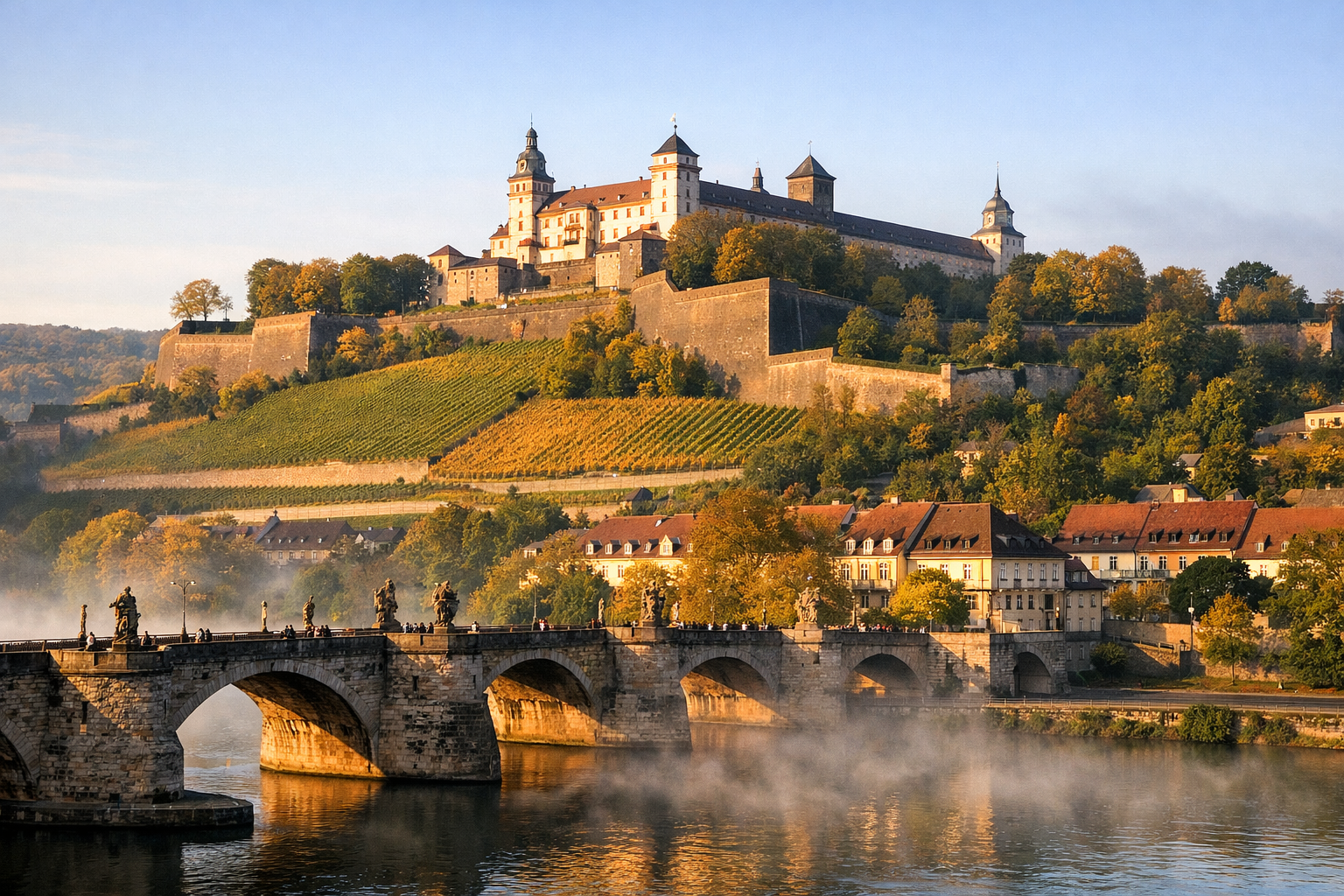 Detailed () showing a wide-angle aerial view of Festung Marienberg Würzburg from across the Main River, with the historic
