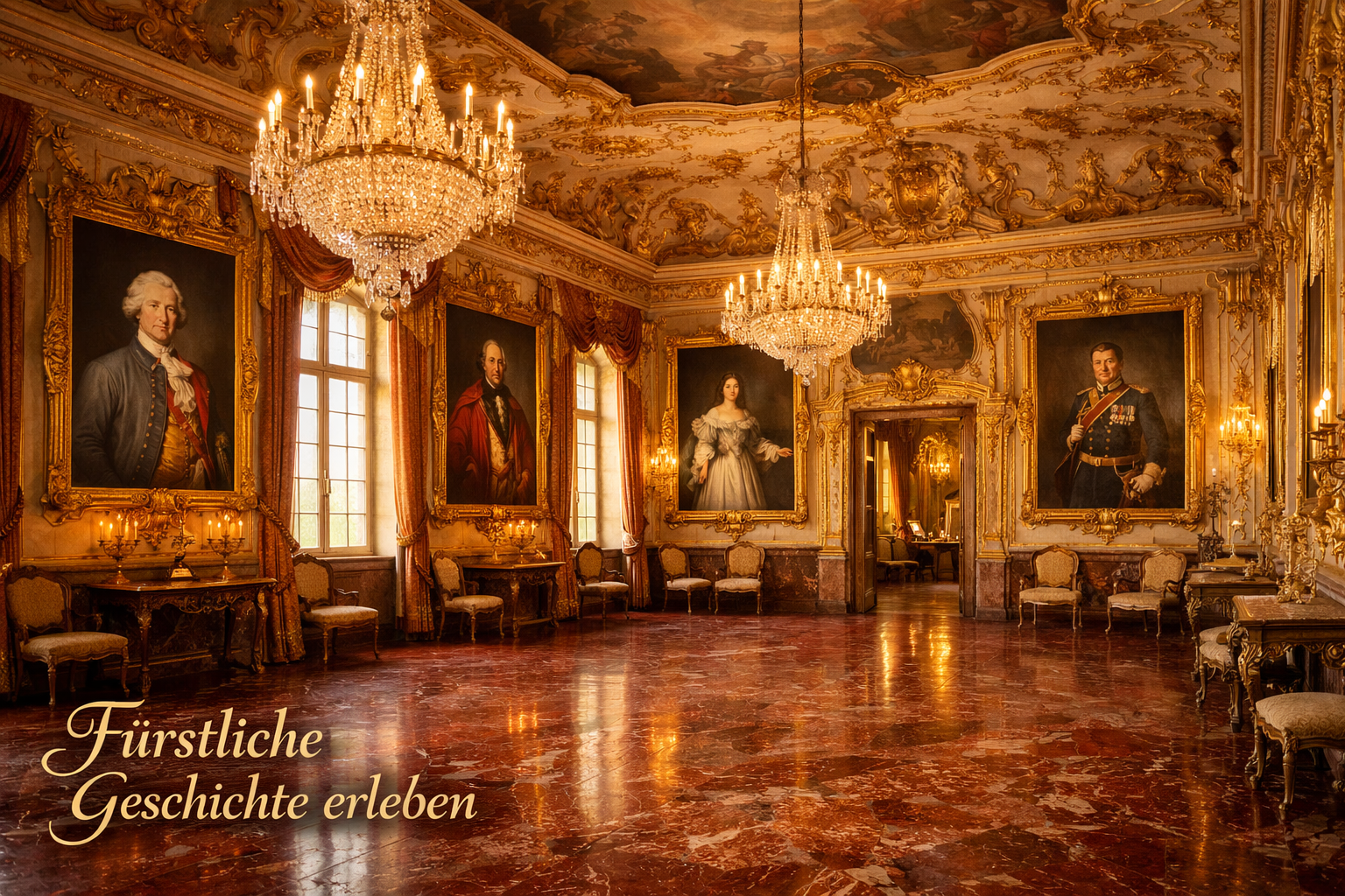 Detailliertes Landschaftsformat () Bild des prachtvollen Innenraums von Schloss Schillingsfürst: Blick in den historischen