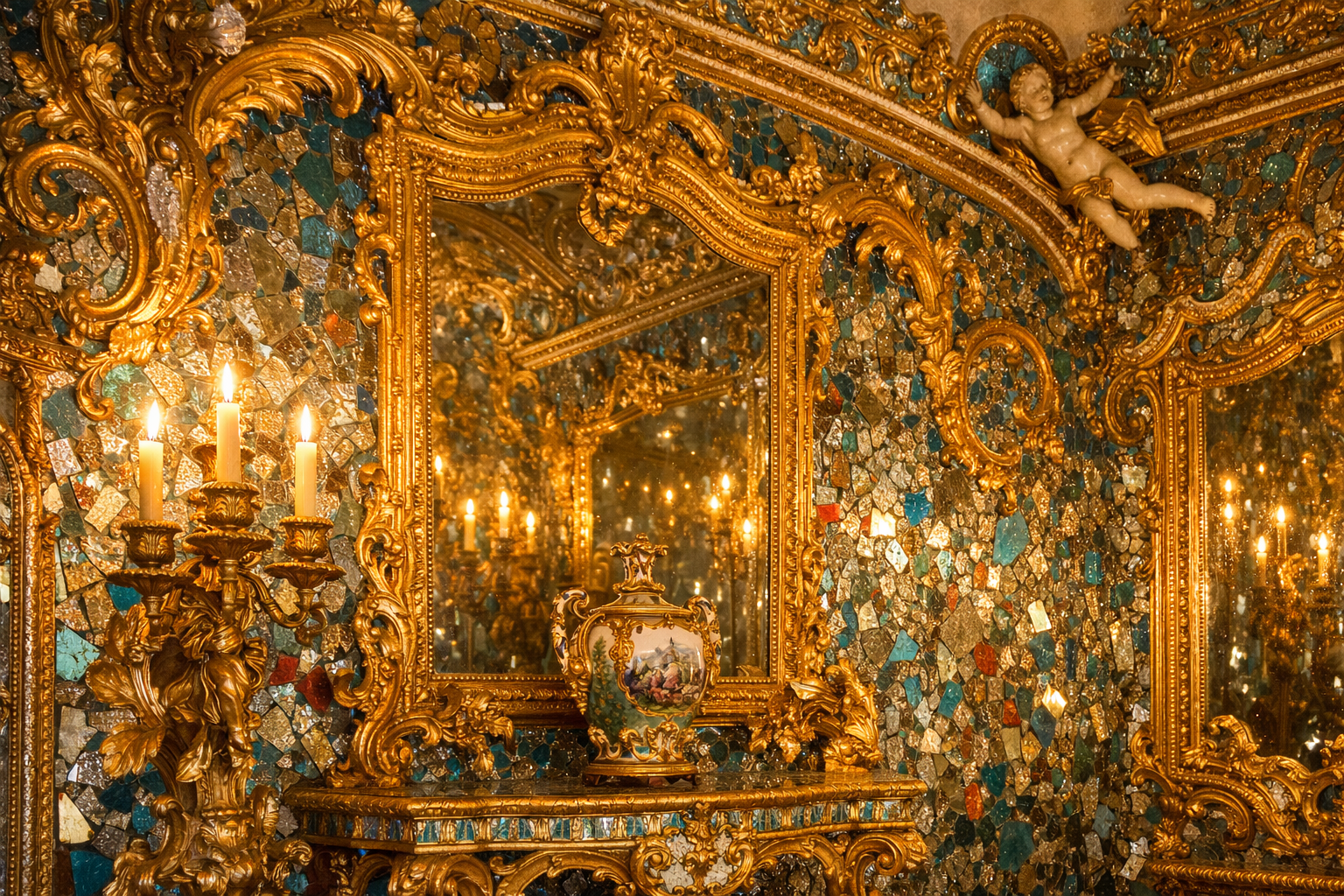 Neues Schloss Bayreuth 1 Interior photograph of the Neues Schloss Bayreuth Spiegelscherbenkabinett, a unique room decorated entirely with fragments