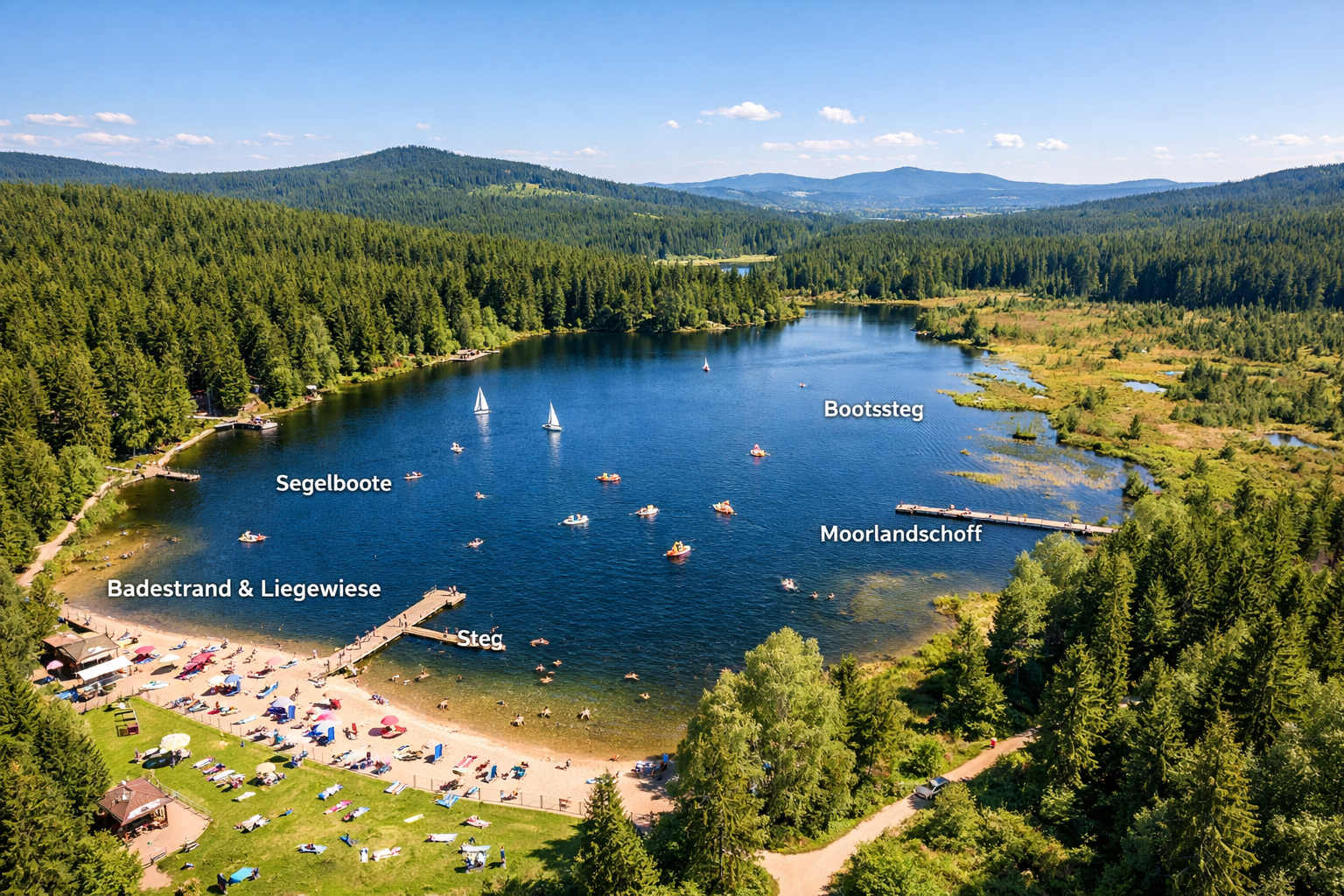Panoramafoto des Fichtelsees im Fichtelgebirge aus der Vogelperspektive, umgeben von Fichtenwald und Moorlandschaft,