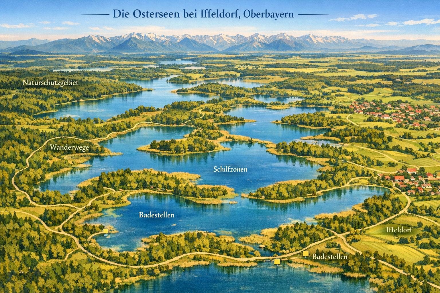 Panoramic () aerial-perspective illustration of the Osterseen lake group near Iffeldorf, Oberbayern, showing all 21