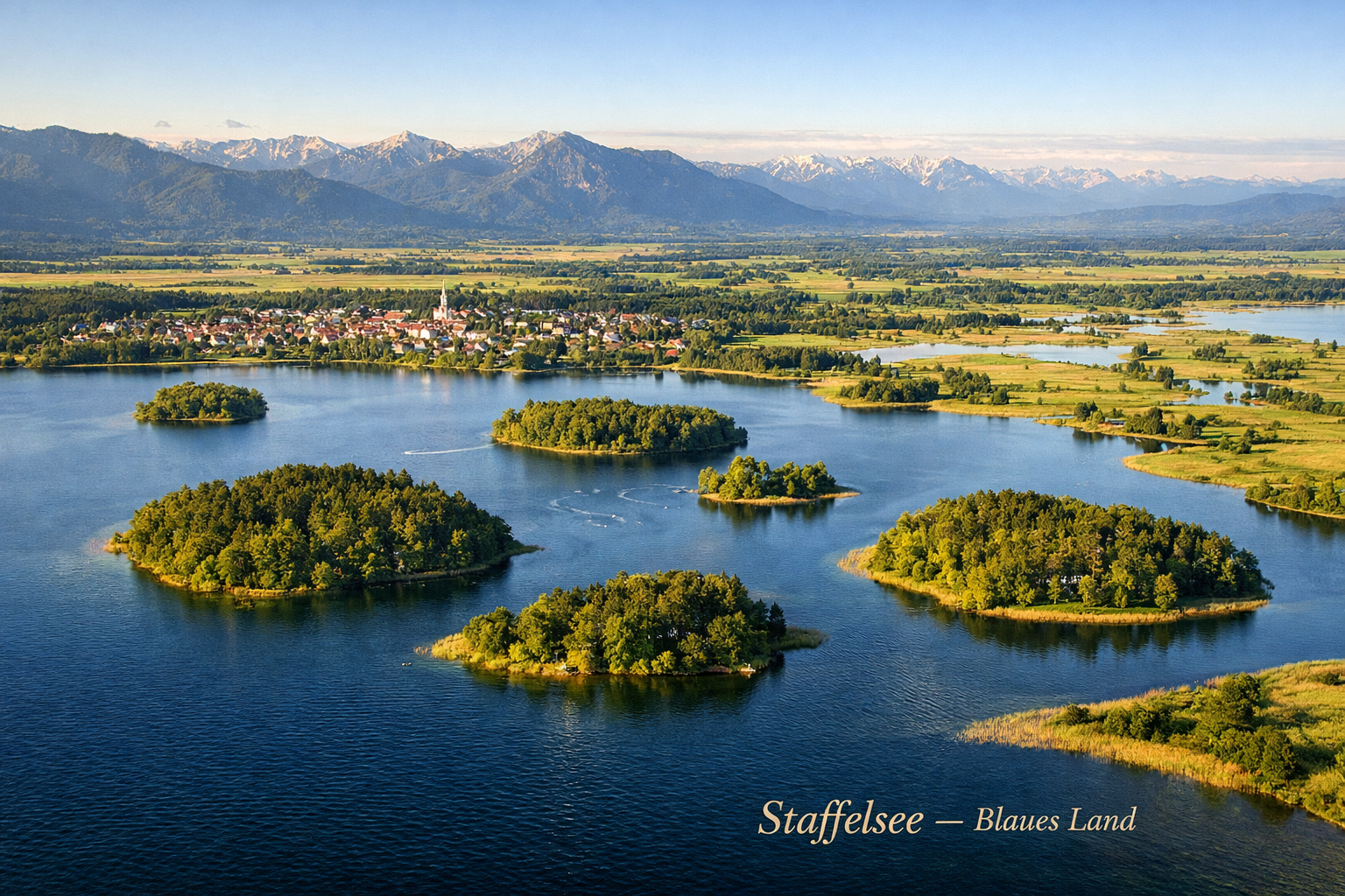 Panoramic () aerial perspective of Staffelsee with its seven islands visible from above, surrounded by Bavarian wetland