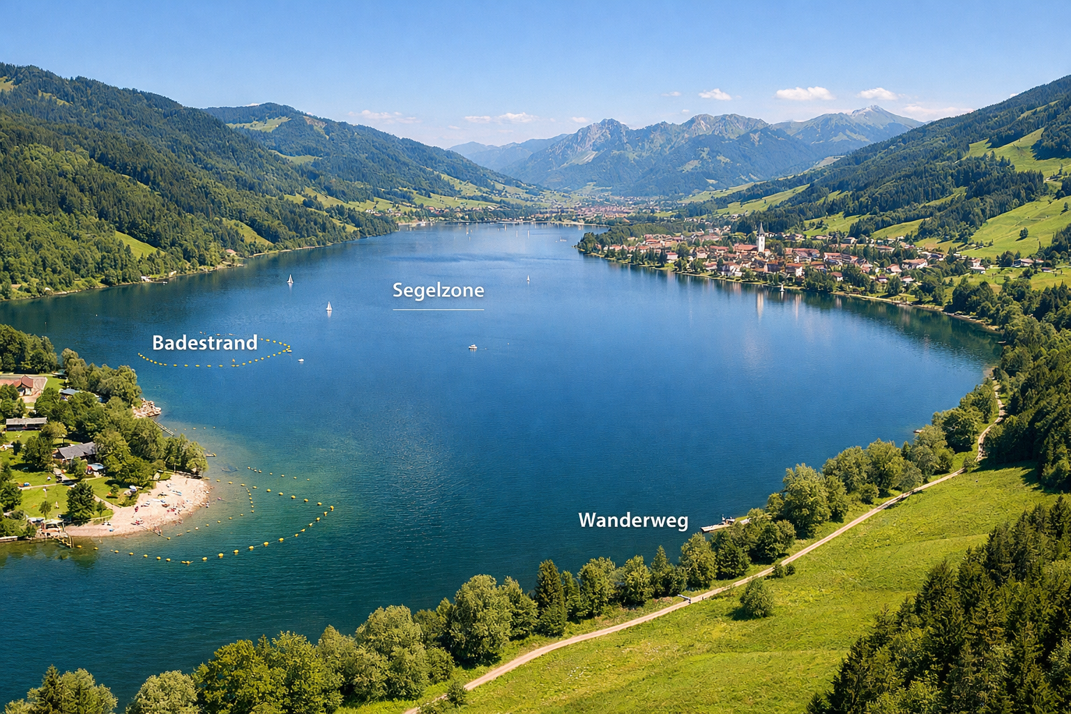 Panoramic () aerial-style overview of the Großer Alpsee bei Immenstadt im Allgäu showing the full lake basin surrounded by
