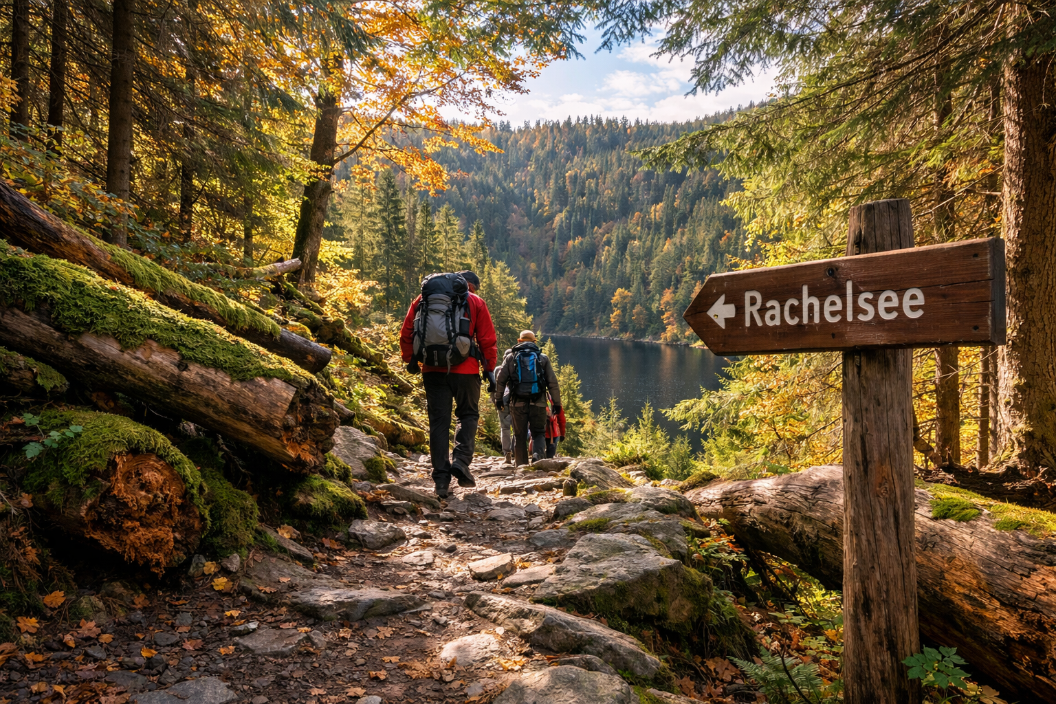 Panoramic () aerial-style view of the Rachelsee trail through Nationalpark Bayerischer Wald, hikers with backpacks on a