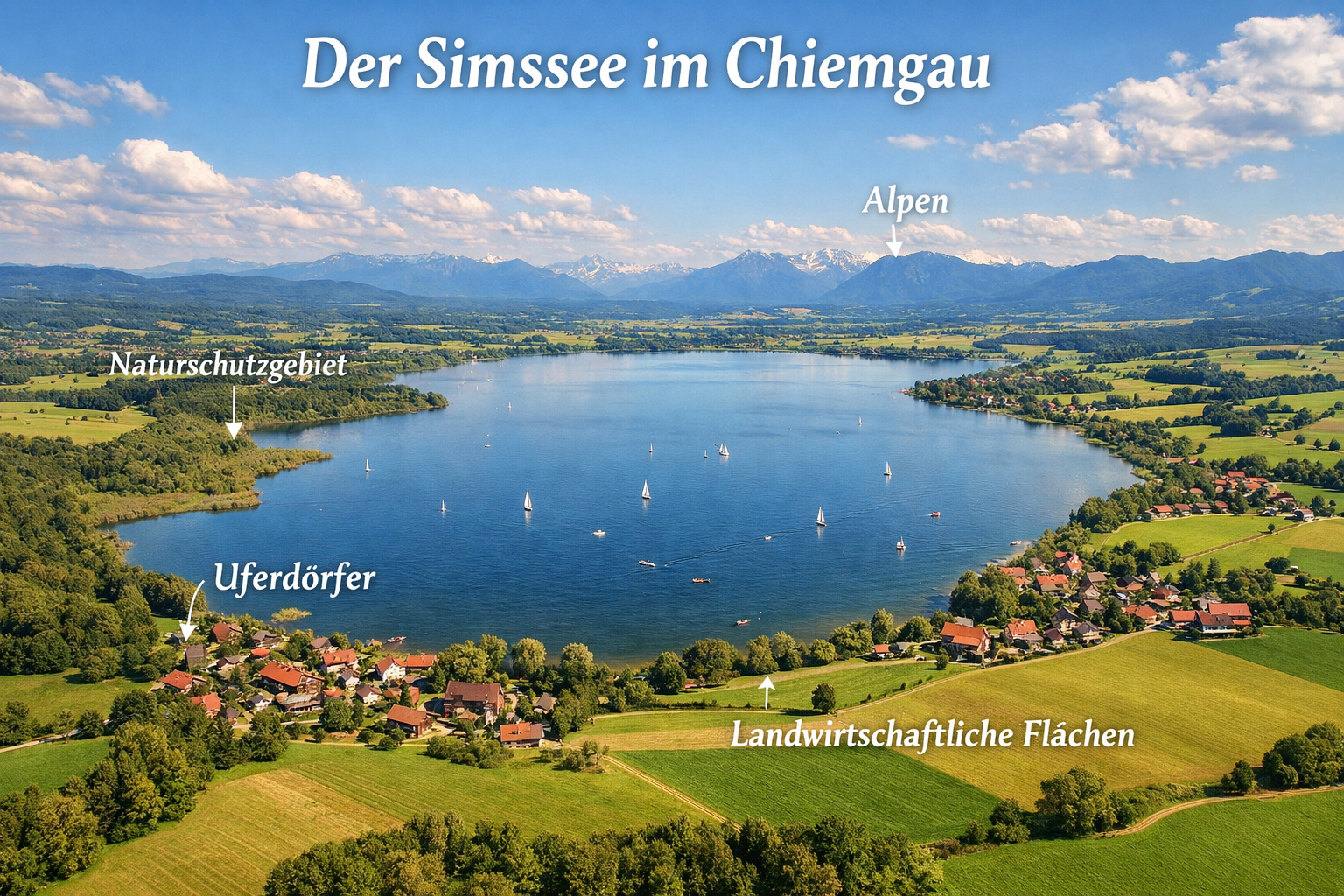Panoramic aerial view of Simssee lake surrounded by rolling Chiemgau hills and Bavarian farmland near Rosenheim, Bavaria.