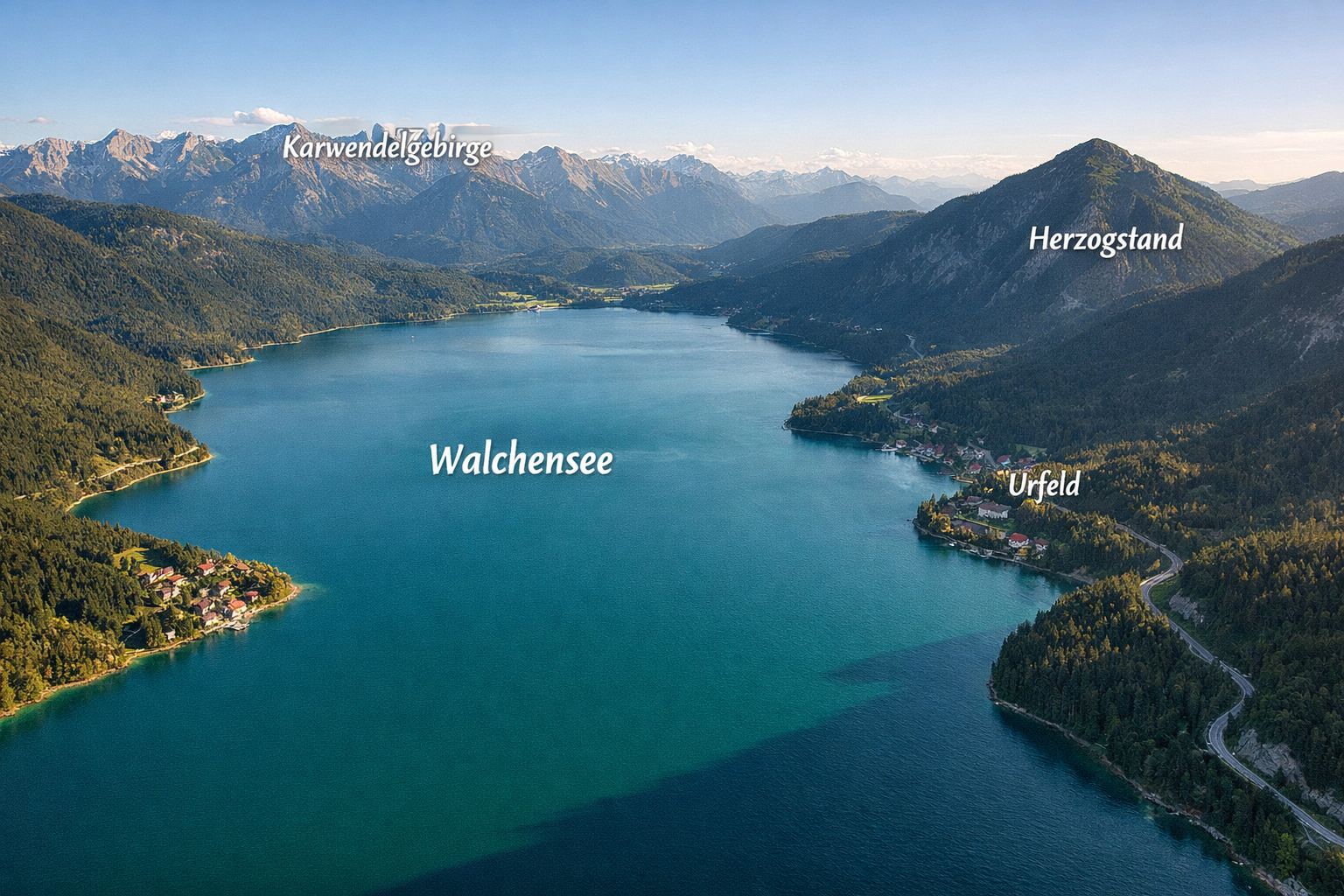 Panoramic () aerial view of Walchensee (Tölzer Land) from above, showing the full extent of the deep turquoise lake