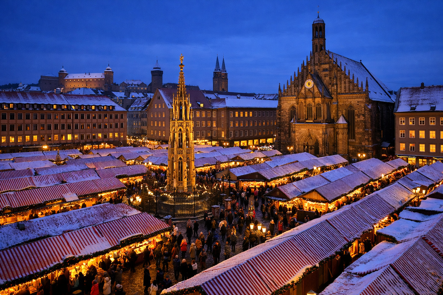 Nürnberger Christkindlesmarkt (Nürnberg) 1 Panoramic () aerial view of the Nürnberger Christkindlesmarkt on the Hauptmarkt, hundreds of decorated wooden booths with