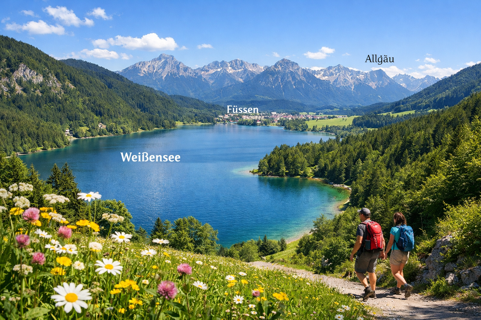 Panoramic () aerial view of the Weißensee Füssen Allgäu showing the full lake basin nestled between forested hillsides and
