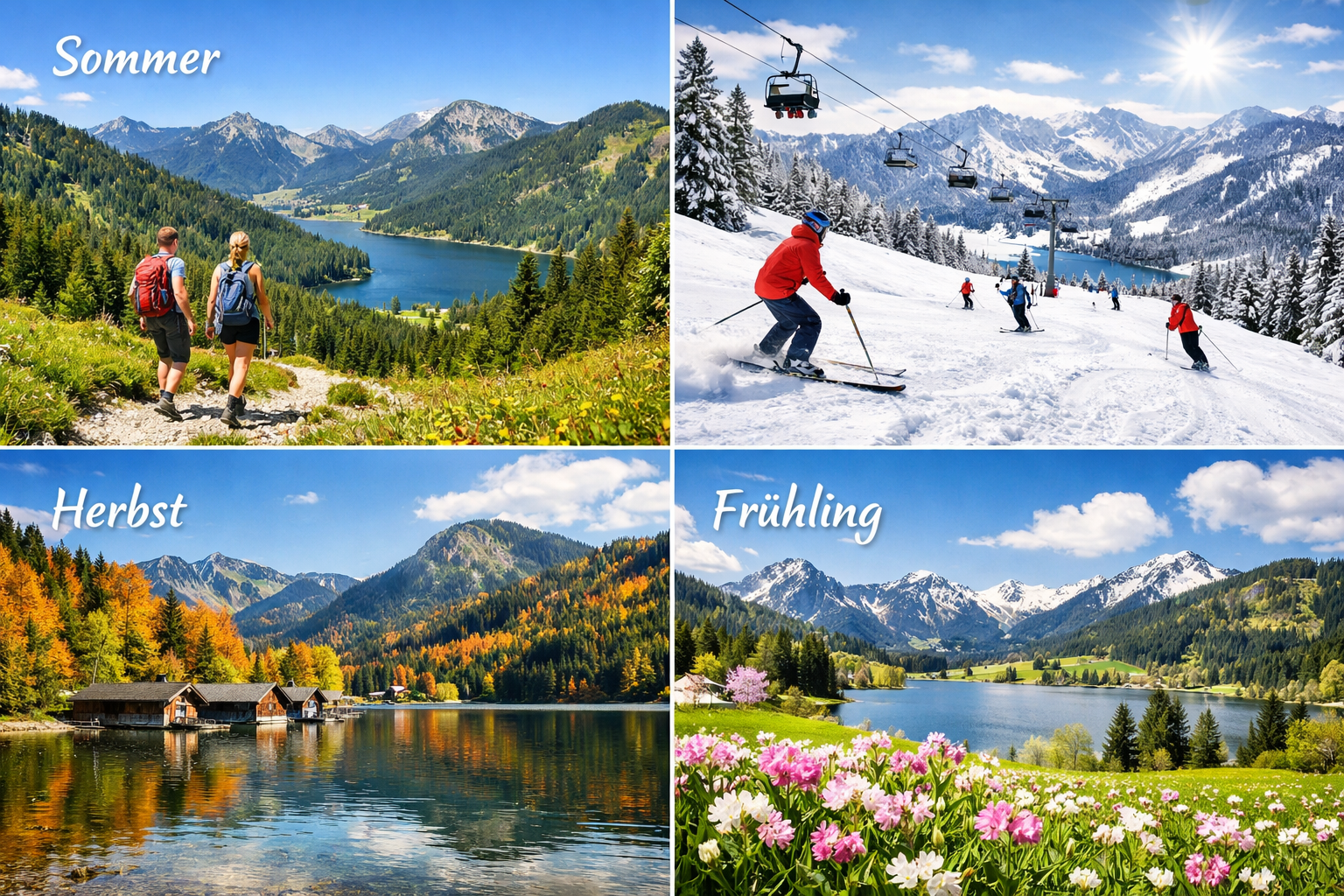 Panoramic () detailed visual collage showing the four seasons at Spitzingsee in the Schlierseer Berge: oben links