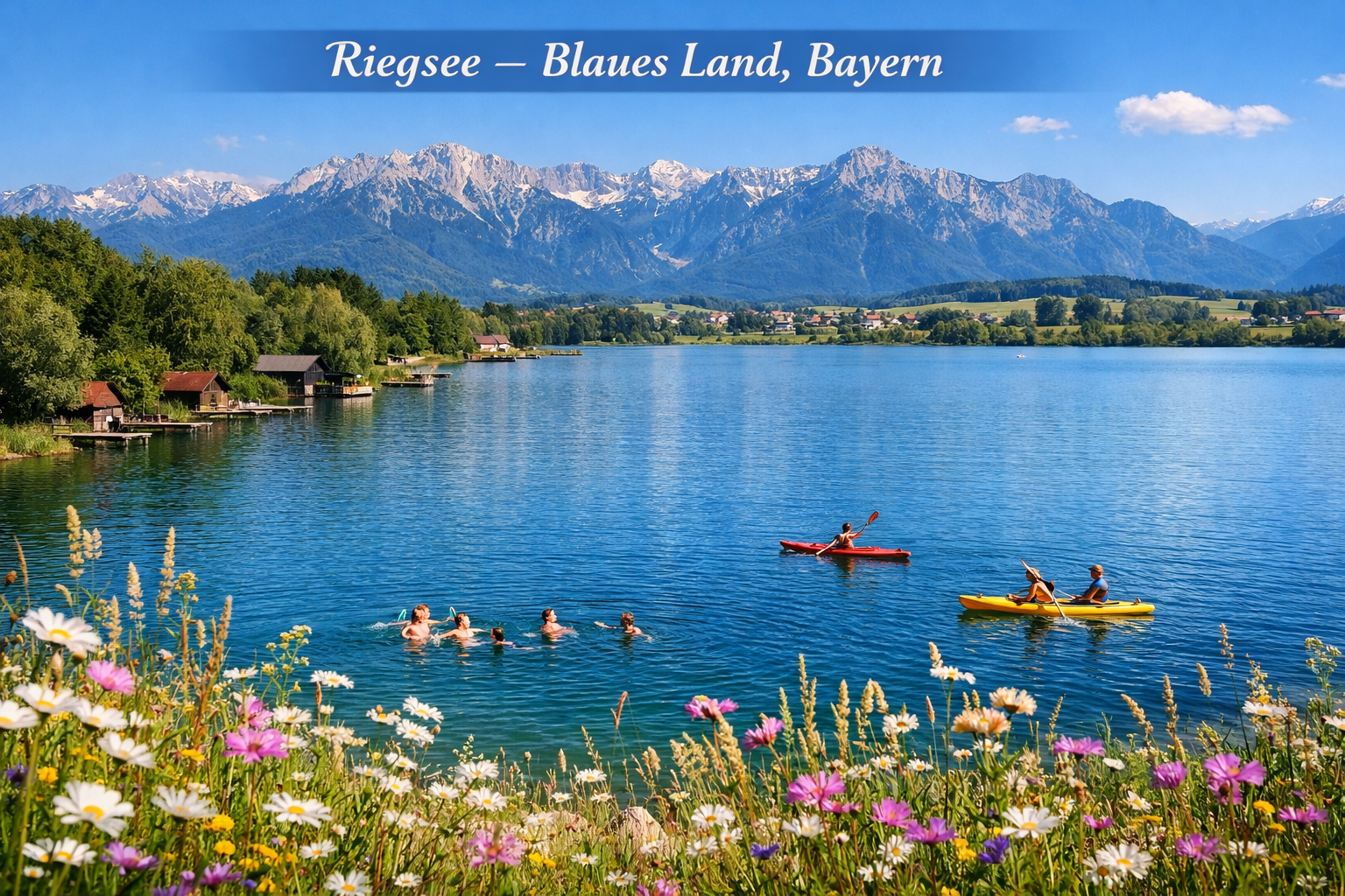 Panoramic () editorial photograph showing the Riegsee lake from an elevated perspective, with a family of swimmers and