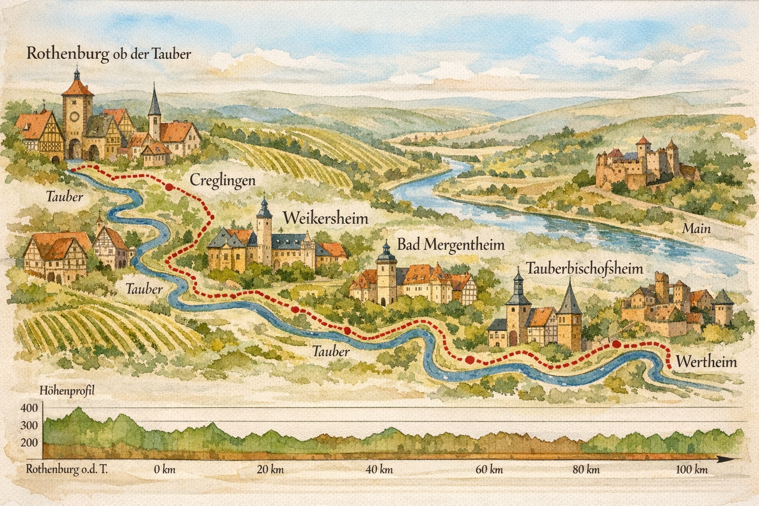 Taubertalradweg 1 Panoramic () image showing a detailed illustrated route map of the Taubertalradweg from Rothenburg ob der Tauber to