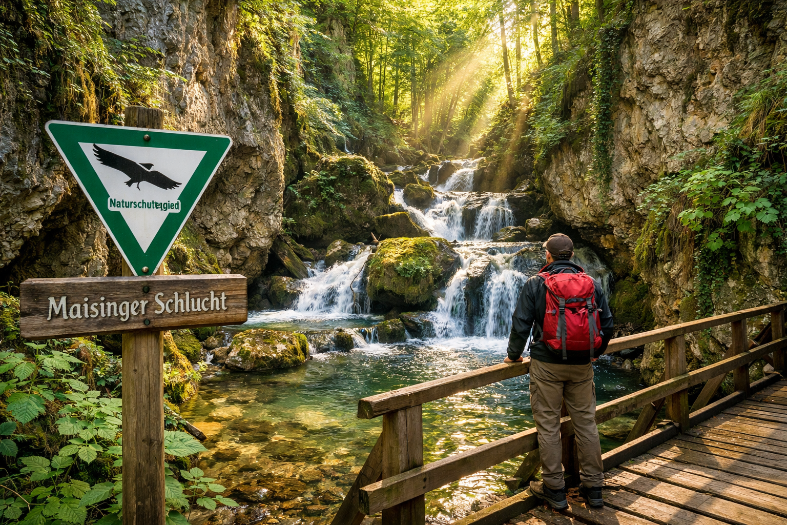 Panoramic () image showing a hiker standing on a wooden footbridge inside the Maisinger Schlucht gorge, looking upstream at