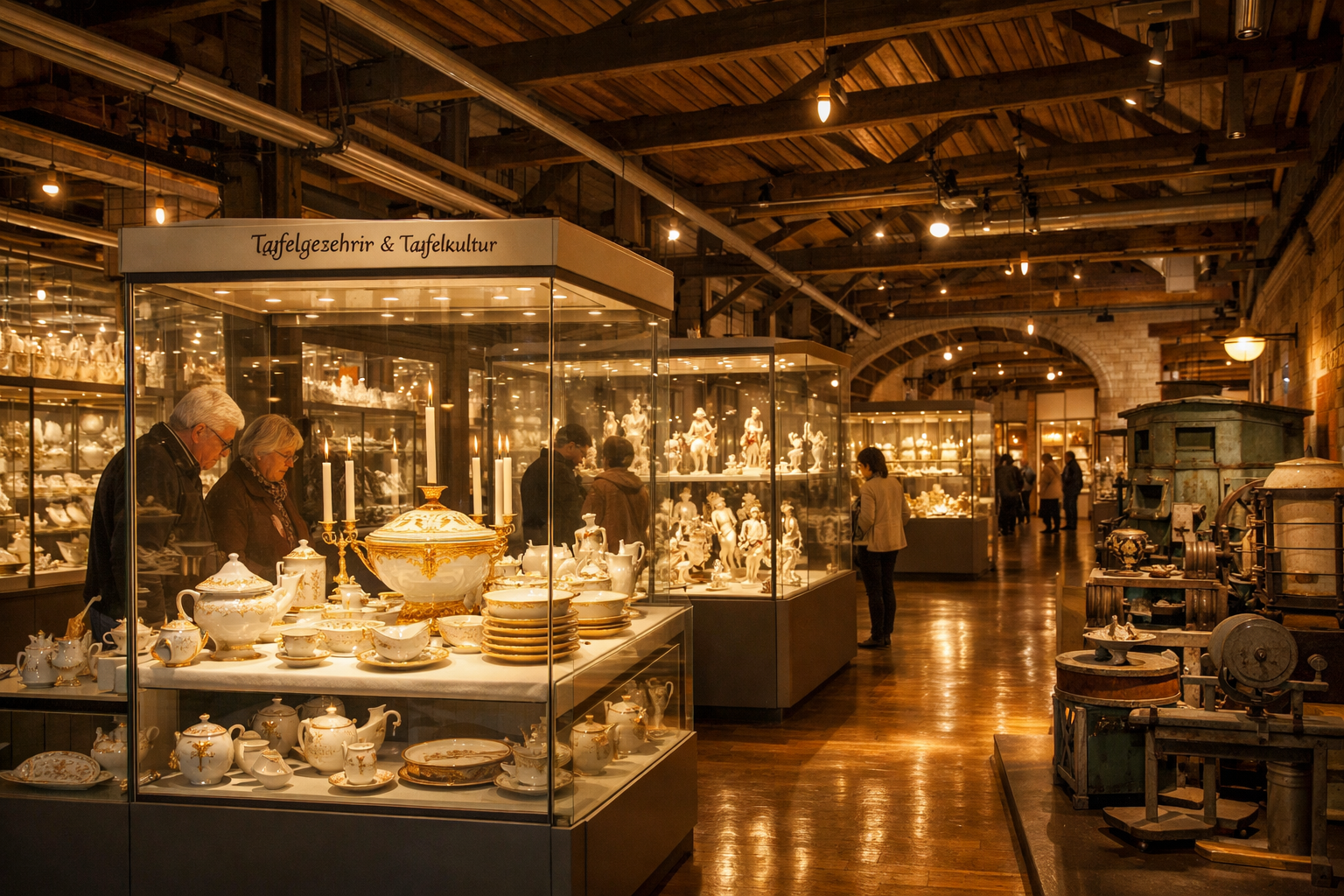 Panoramic interior shot of the Porzellanikon museum exhibition hall in Selb, displaying hundreds of historic porcelain