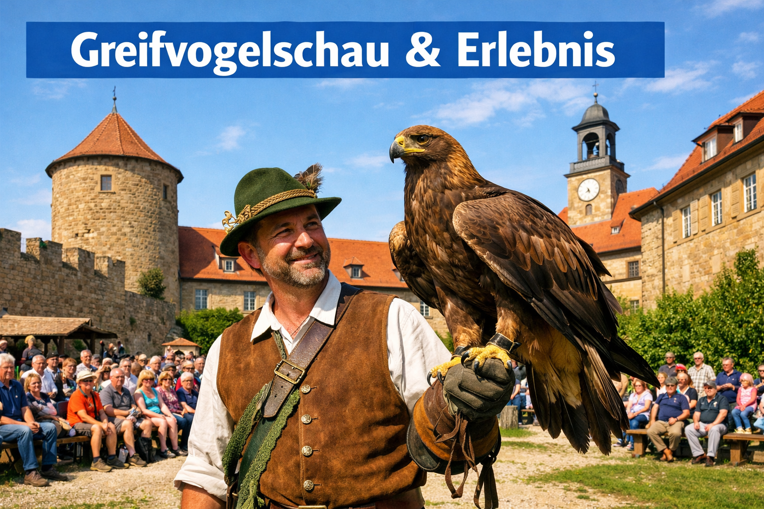 Weitwinkel-Außenaufnahme () des Schlosshofs von Schloss Schillingsfürst mit Blick auf den Falknerhof: Ein Falkner in