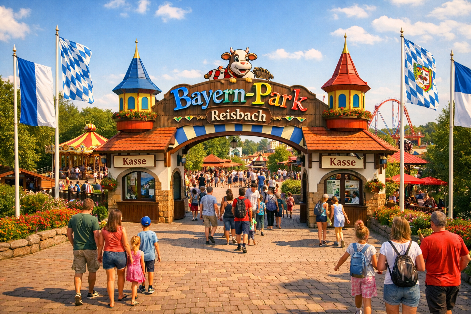 Bayern-Park (Reisbach) 1 Weitwinkelaufnahme des Bayern-Park Reisbach Eingangsbereichs mit buntem Eingangstor, Familiengruppen die eintreten,