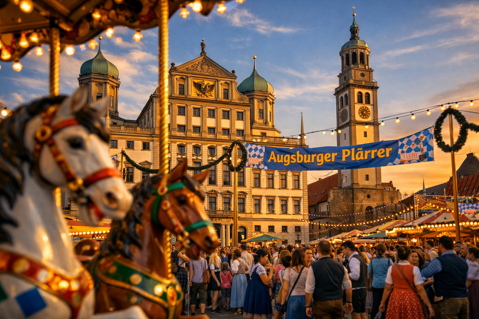 Augsburger Plärrer (Augsburg) 1 Wide-angle () editorial photograph showing the historic Augsburg Rathausplatz and Perlachturm at golden hour with festive