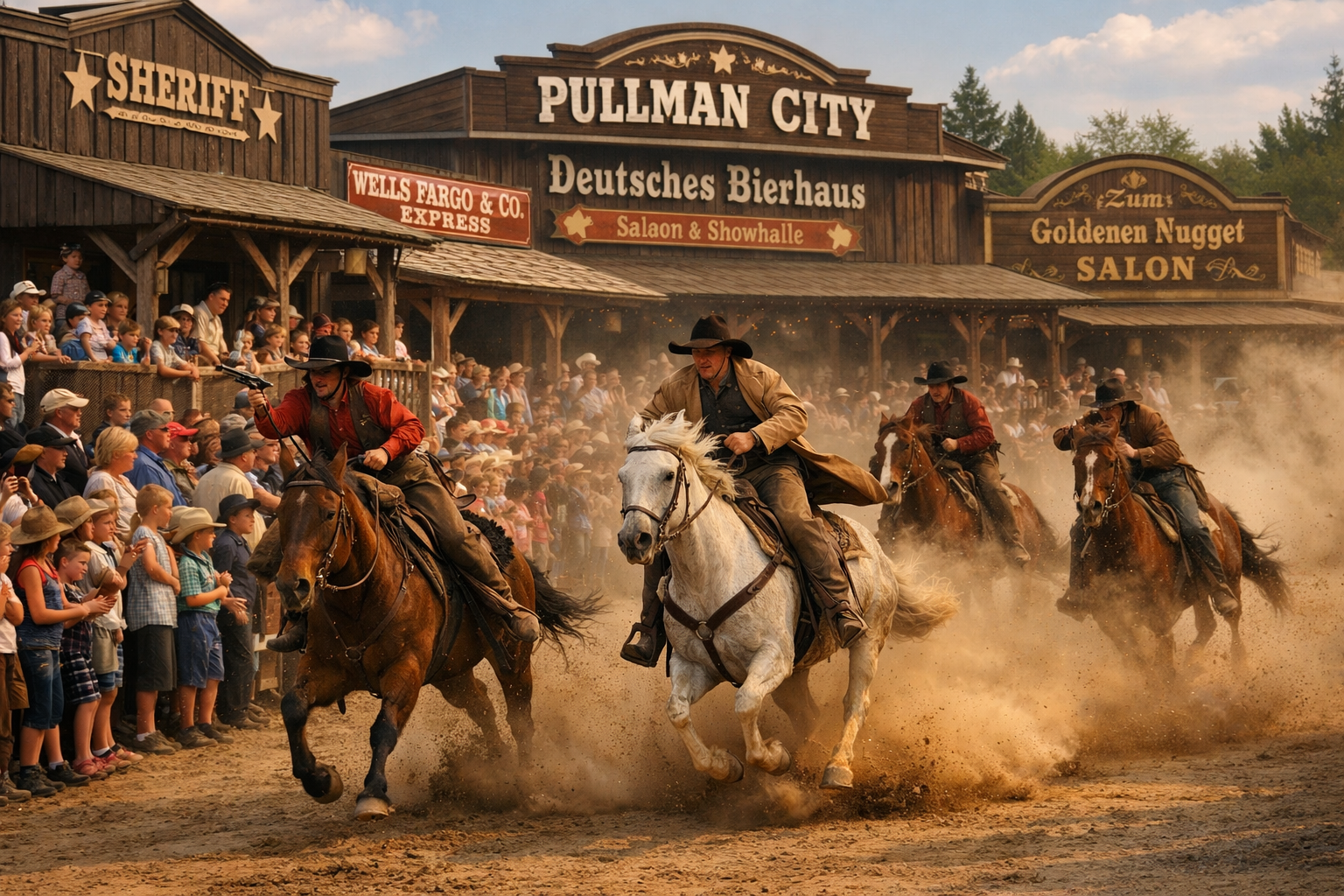 Wide-angle () image showing the bustling main street of Pullman City Westernstadt Eging am See during a live Wild West show.