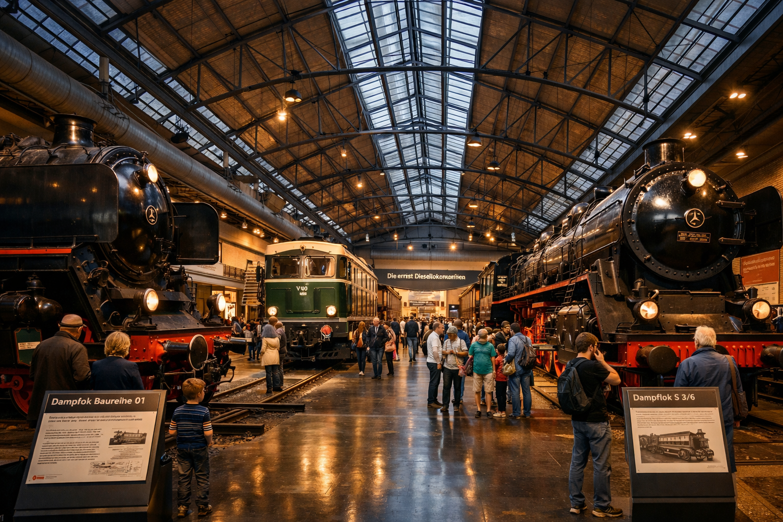 Wide-angle interior panorama of the DB Museum Nürnberg main exhibition hall, towering historic steam locomotives and early