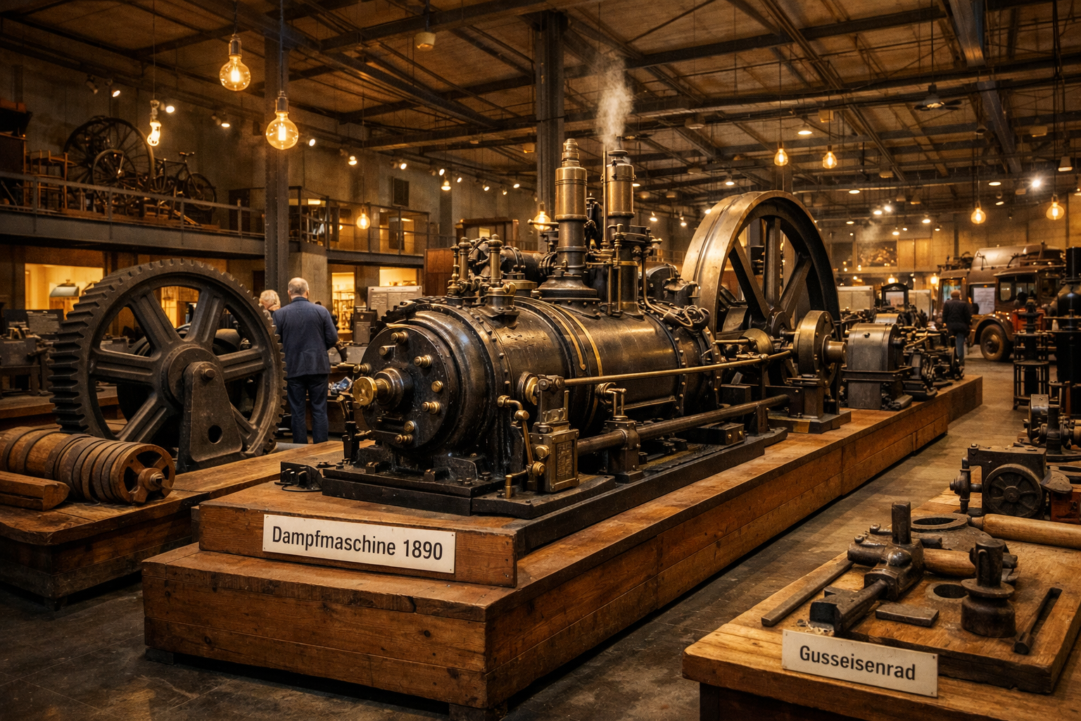 Wide-angle interior panorama of the Museum Industriekultur Nürnberg main exhibition hall, featuring a massive historic steam
